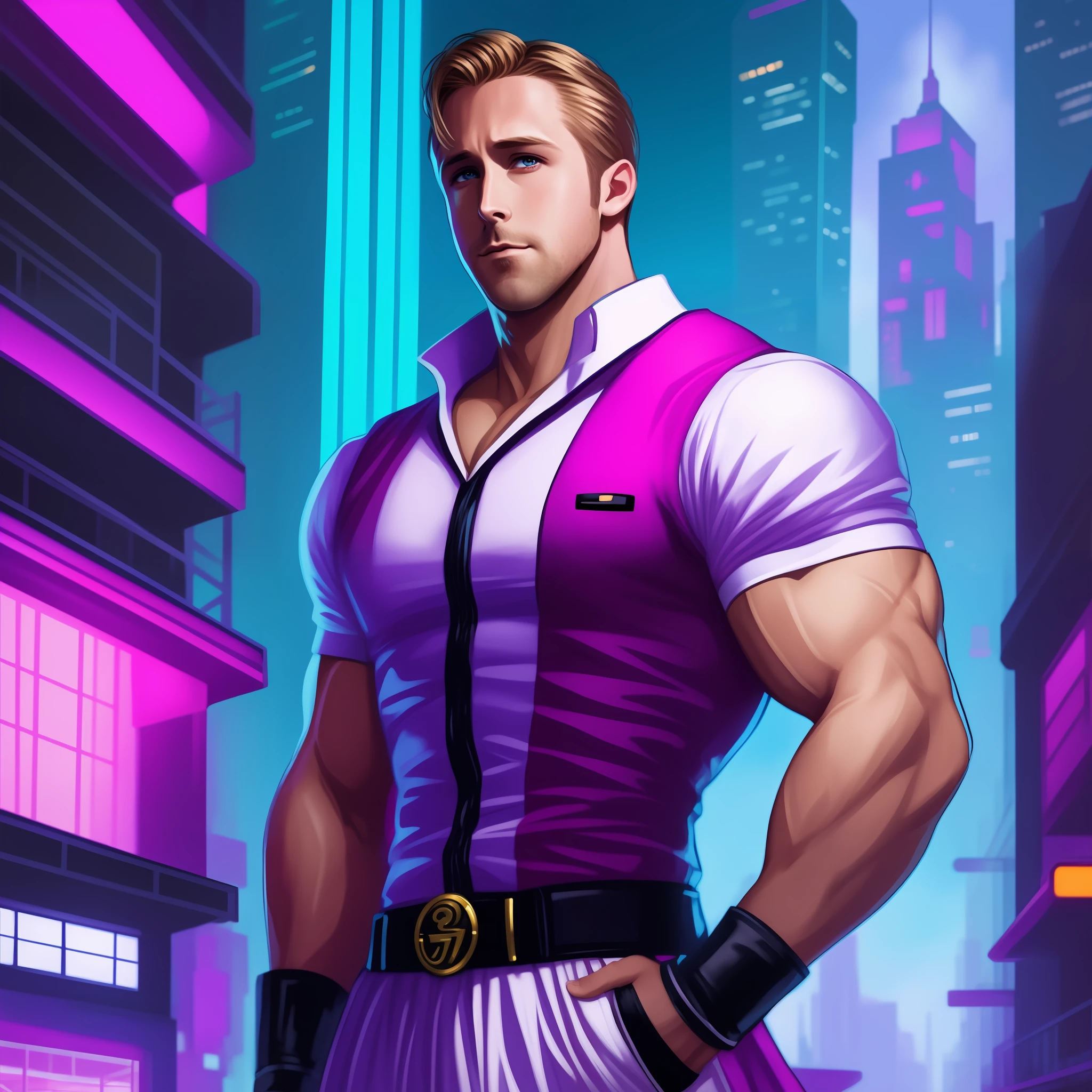 Create an illustration featuring Ryan Gosling in an anime-inspired maid costume that showcases his bodybuilding physique. The artwork should combine the charm of anime with the elegance of the maid costume and the muscular attributes of Gosling. Use vibrant colors, dynamic poses, and exaggerated features to capture the anime aesthetic. Place Gosling in a captivating setting, such as a futuristic cityscape or a fantastical environment. Pay attention to lighting and composition to enhance the overall impact of the artwork. The final illustration should be visually captivating and showcase the fusion of elements in a high-quality, detailed manner.