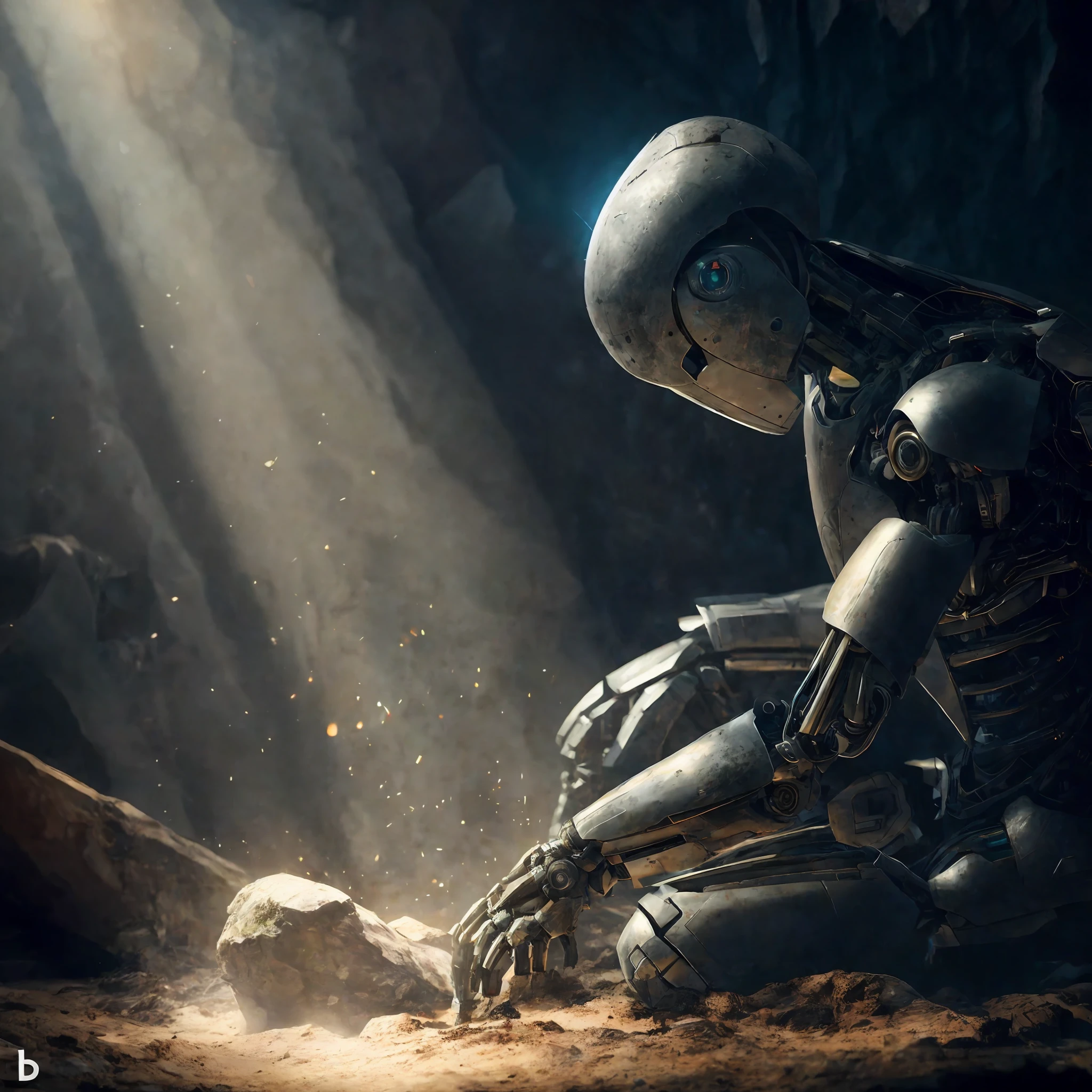 Futuristic robot with led eyes is sitting on the ground in a dark cave looking at dirty bones, in the background blurred dark cave, a still life of a robot, photorealistic dark concept art, close-up of a seated robot, the singularity of coming AI, cinematic 3D rendering, beeple. octane render, detailed cinematic rendering, daily rendering, robot religion, unreal engine 4k wallpaper, 3 d render beeple, beautiful octane render
