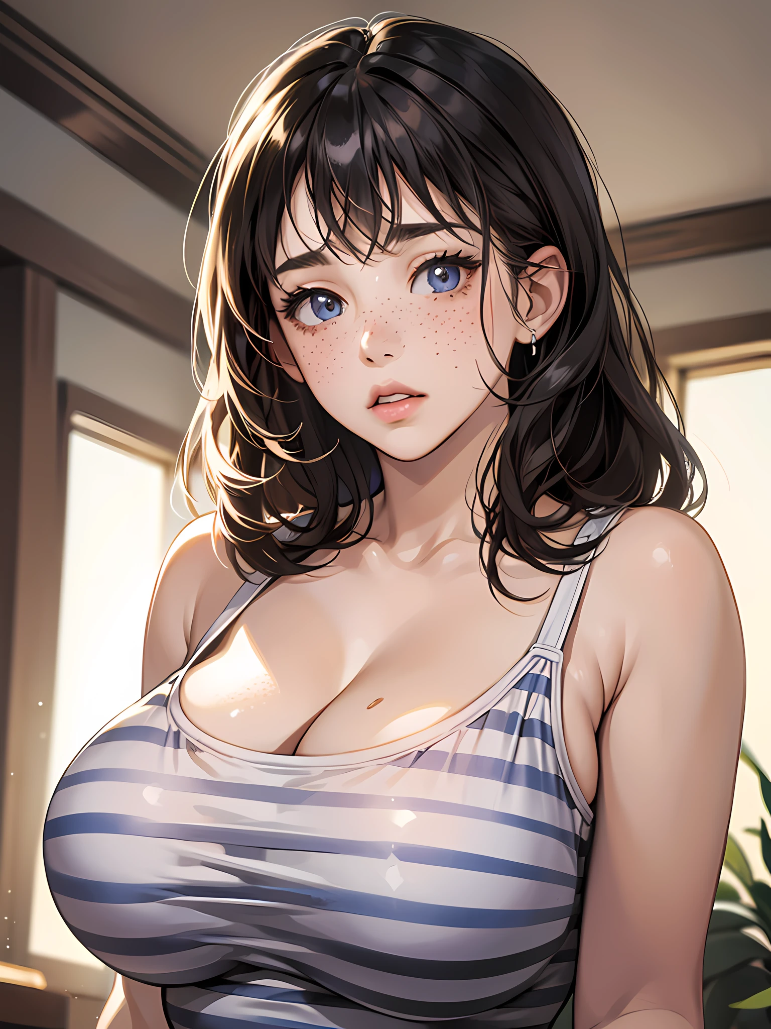 masterpiece, best quality, ultra-detailed, illustration, (1girl), young, cute, freckles, beautiful detailed eyes, looking down, looking down at her cheast, (shocked facial expression), mouth open, raised eyebrows, (upper body focus), messy hair, shy, livingroom in the background, plump lips, oversized breasts, (huge breasts), cleavage, wearing tight striped v-neck top --auto --s2