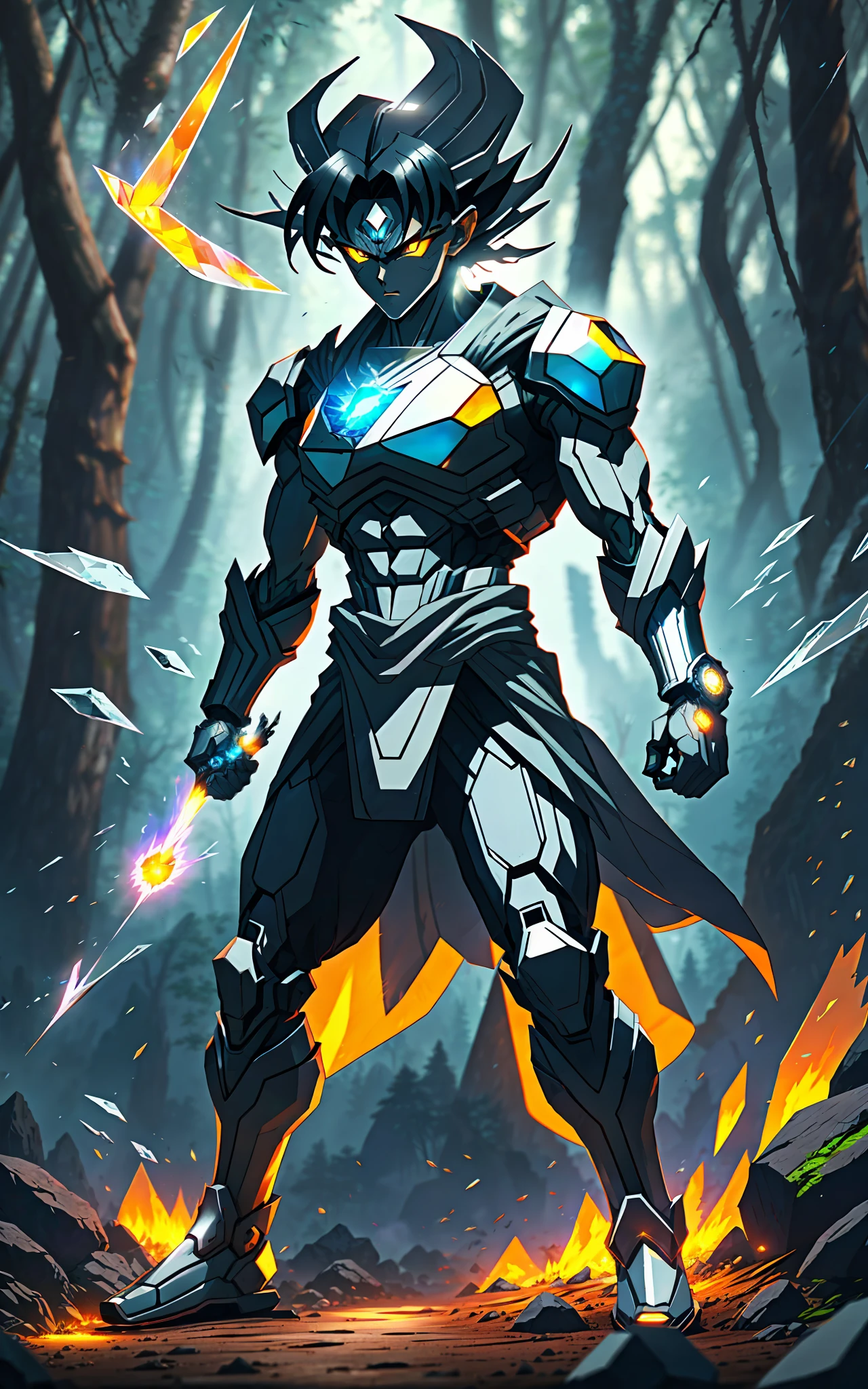 Diamond Goku steel glass gray full body,hiper realistic,fire eye,front view,isometric,4k, photorealist, background forest realistic smoke ghost distortion neon --auto --s2