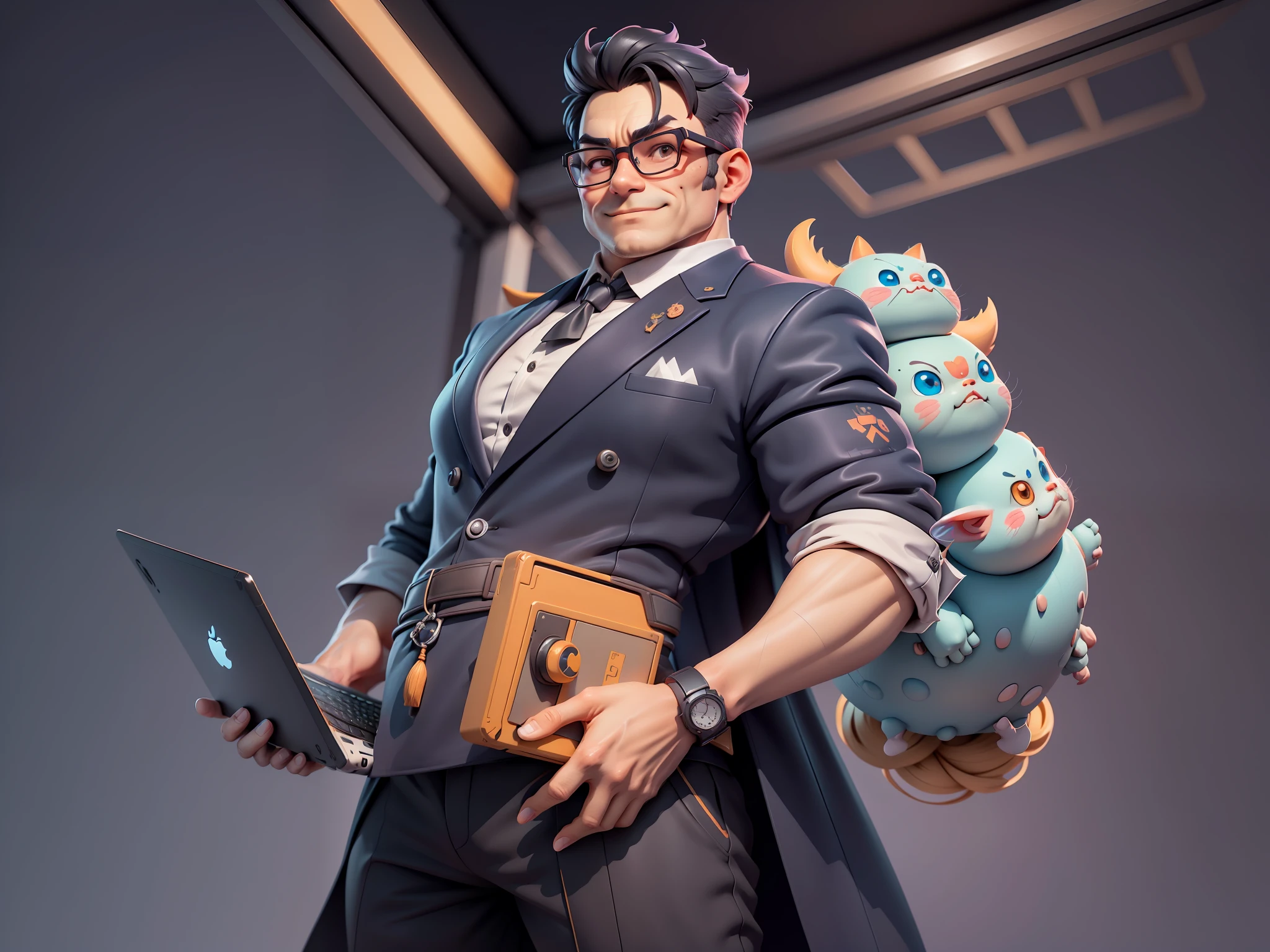 (Masterpiece), (Excellent), (Super Meticulous), (Full Body: 1.2), Super Young Man, Oriental Face, TV Anchor, Bust Portrait Illustration, Alone, Black Suit, Blue Tie, Silver Glasses, Slightly Chubby Face, Very Clean Face, No Beard, Black Super Short Hair, Black Eyes, Confident Smile, 3c Computer Sub-Products, iPad, iPhone, Digital Painting, 3D Character Design by Mark Clairen and Pixar and Hayao Miyazaki, the illustration is HD illustration in 4K resolution, With very detailed facial features and cartoon-style visuals.