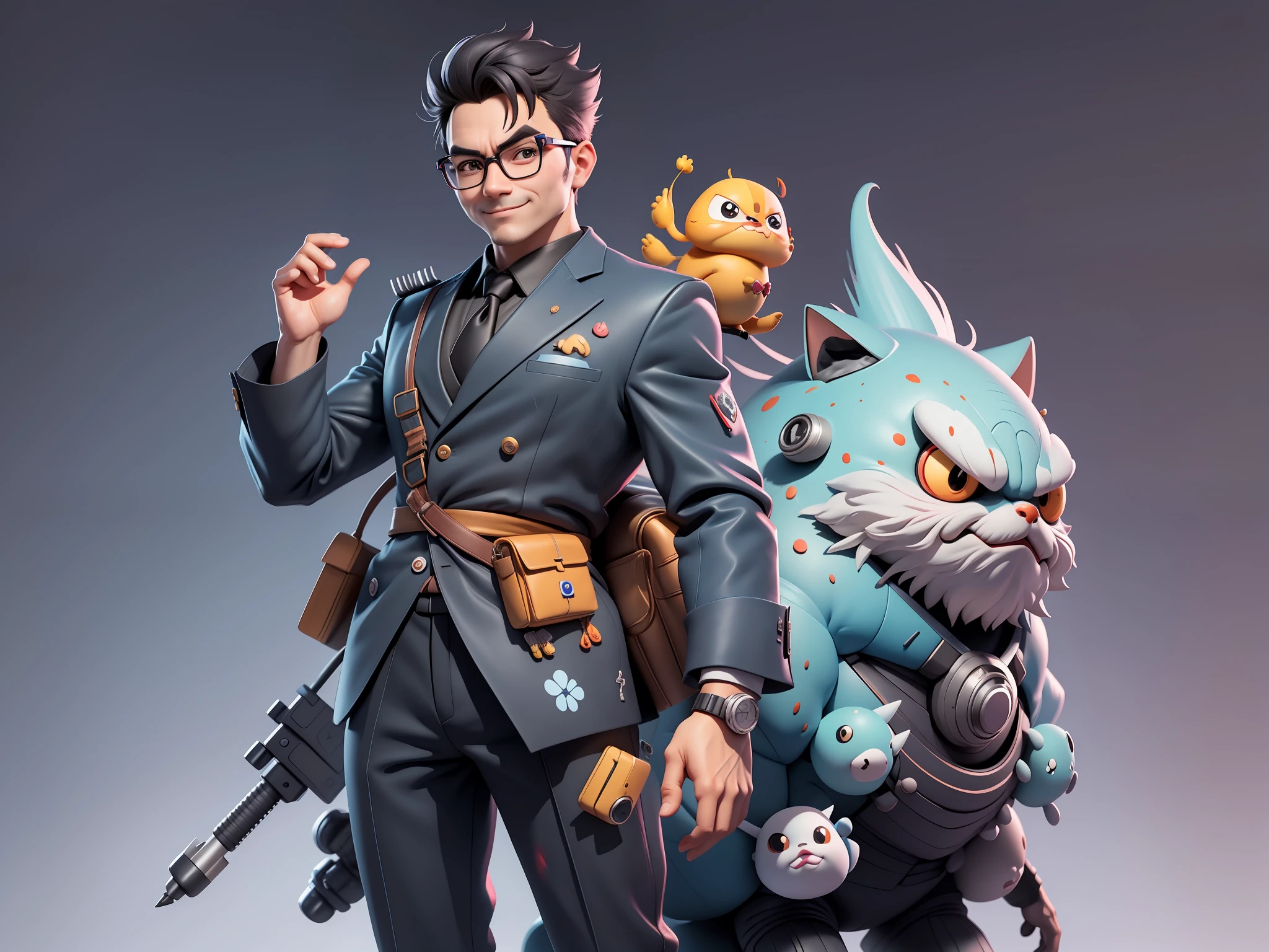 (Masterpiece), (Excellent), (Super Meticulous), (Full Body: 1.2), Super Young Man, Oriental Face, TV Anchor, Bust Portrait Illustration, Alone, Black Suit, Blue Tie, Silver Glasses, Slightly Chubby Face, Very Clean Face, No Beard, Black Super Short Hair, Black Eyes, Confident Smile, 3c Computer Sub-Products, iPad, iPhone, Digital Painting, 3D Character Design by Mark Clairen and Pixar and Hayao Miyazaki, the illustration is HD illustration in 4K resolution, With very detailed facial features and cartoon-style visuals.