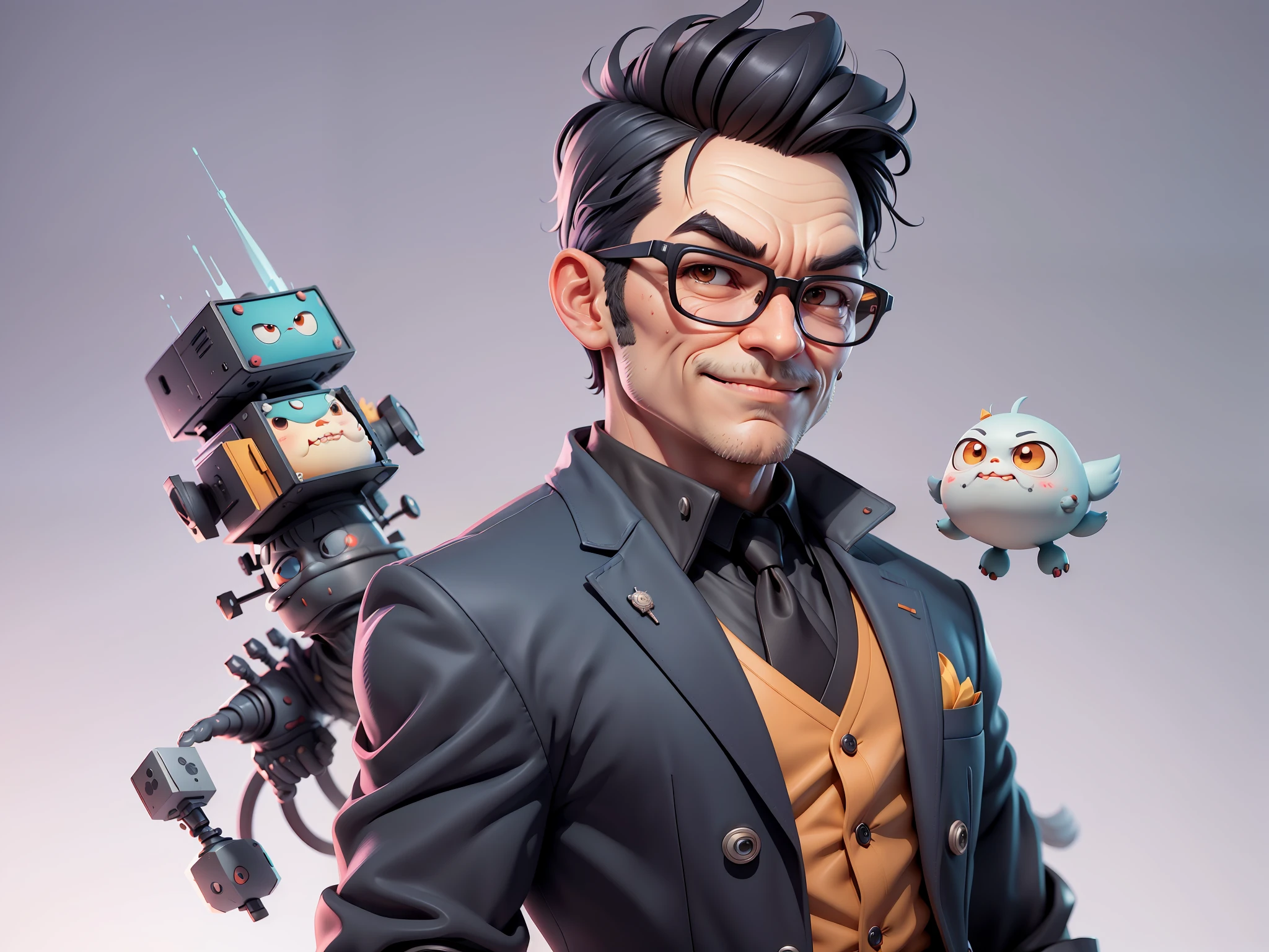 (Masterpiece), (Excellent), (Super Meticulous), (Full Body: 1.2), Super Young Man, Oriental Face, TV Anchor, Bust Portrait Illustration, Alone, Black Suit, Blue Tie, Silver Glasses, Slightly Chubby Face, Very Clean Face, No Beard, Black Super Short Hair, Black Eyes, Confident Smile, 3c Computer Sub-Products, iPad, iPhone, Digital Painting, 3D Character Design by Mark Clairen and Pixar and Hayao Miyazaki, the illustration is HD illustration in 4K resolution, With very detailed facial features and cartoon-style visuals.