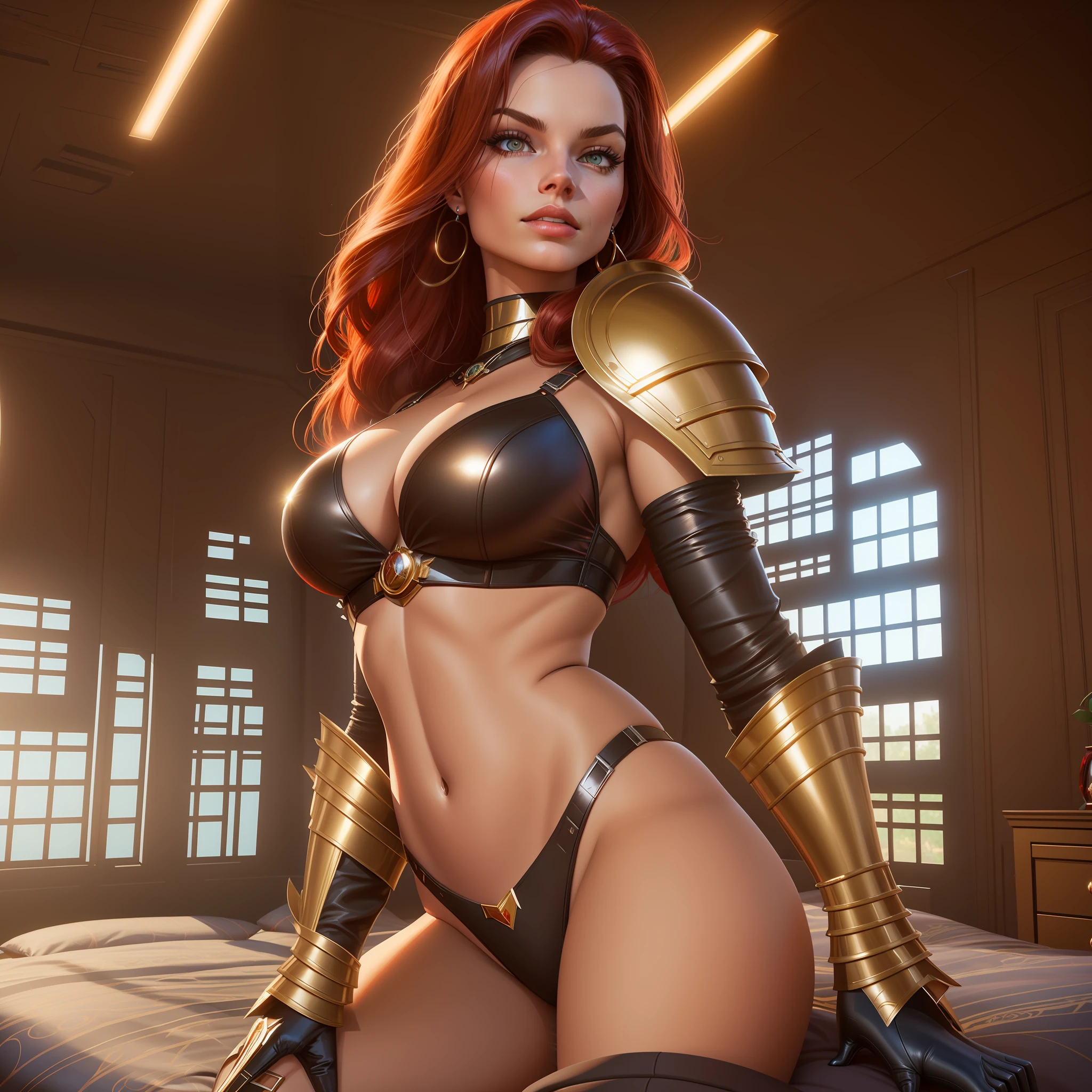 Margot Robbie, arafed woman in a black and red outfit sitting on a bed, zenescope, artgerm julie bell beeple, inspired by Greg Hildebrandt, female knight bikini armor, tyler edlin fantasy art, stuning fantasy 3 d render, artstation masterpiece, rolands zilvinskis 3d render art, cutesexyrobutts