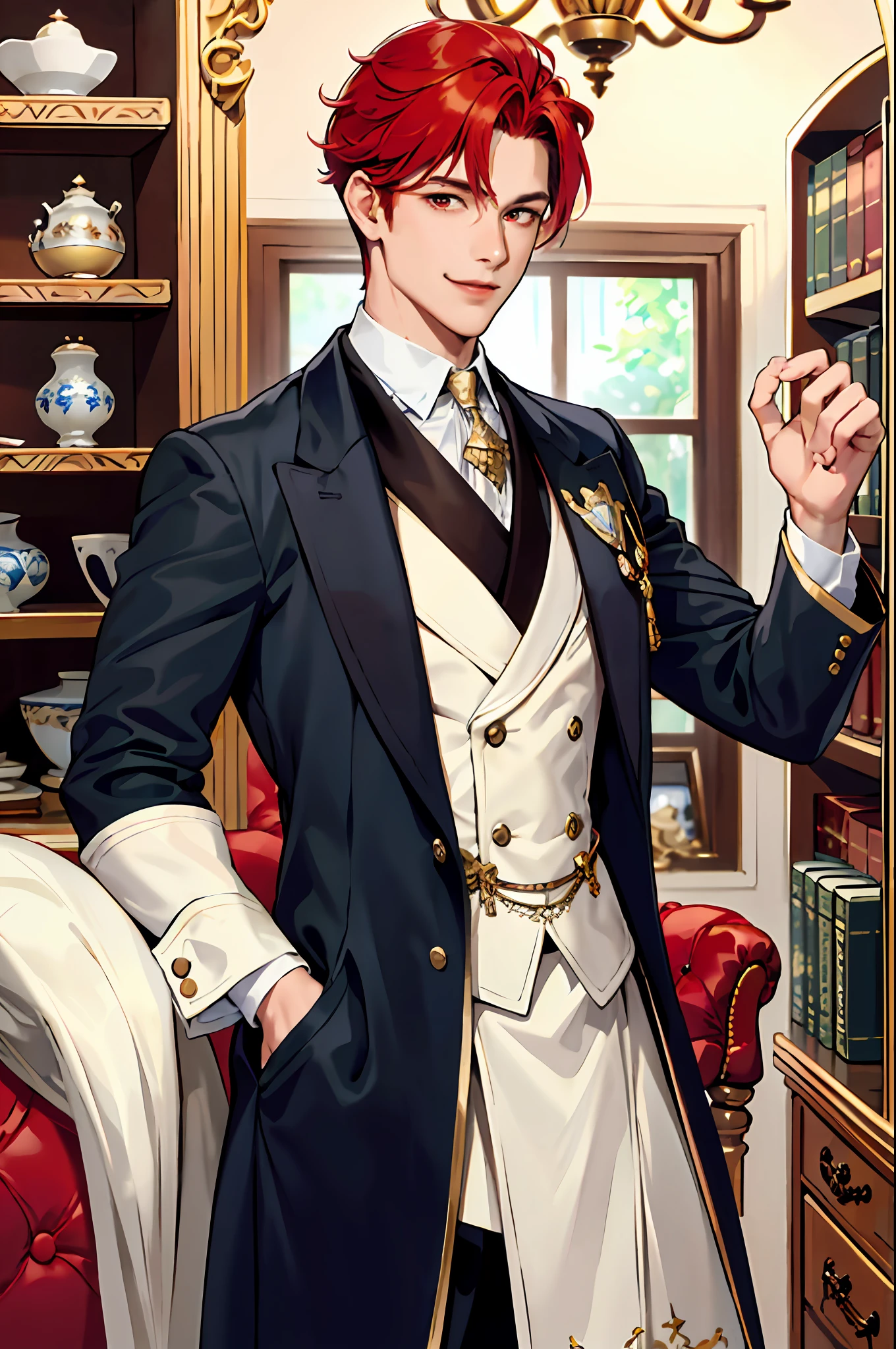 This is what a real duke looks like! Duke's antique clothes, elegant, gentlemanly. He is smiling friendly, his red hair is vivid, his red eyes shine against his perfect skin. In the background, a well-stocked library with books that fill the shelves. All this is in a beautiful light, which makes it look amazing。 (High quality: 1.2, Library: 1.5, Antique duke clothing: 1.4)