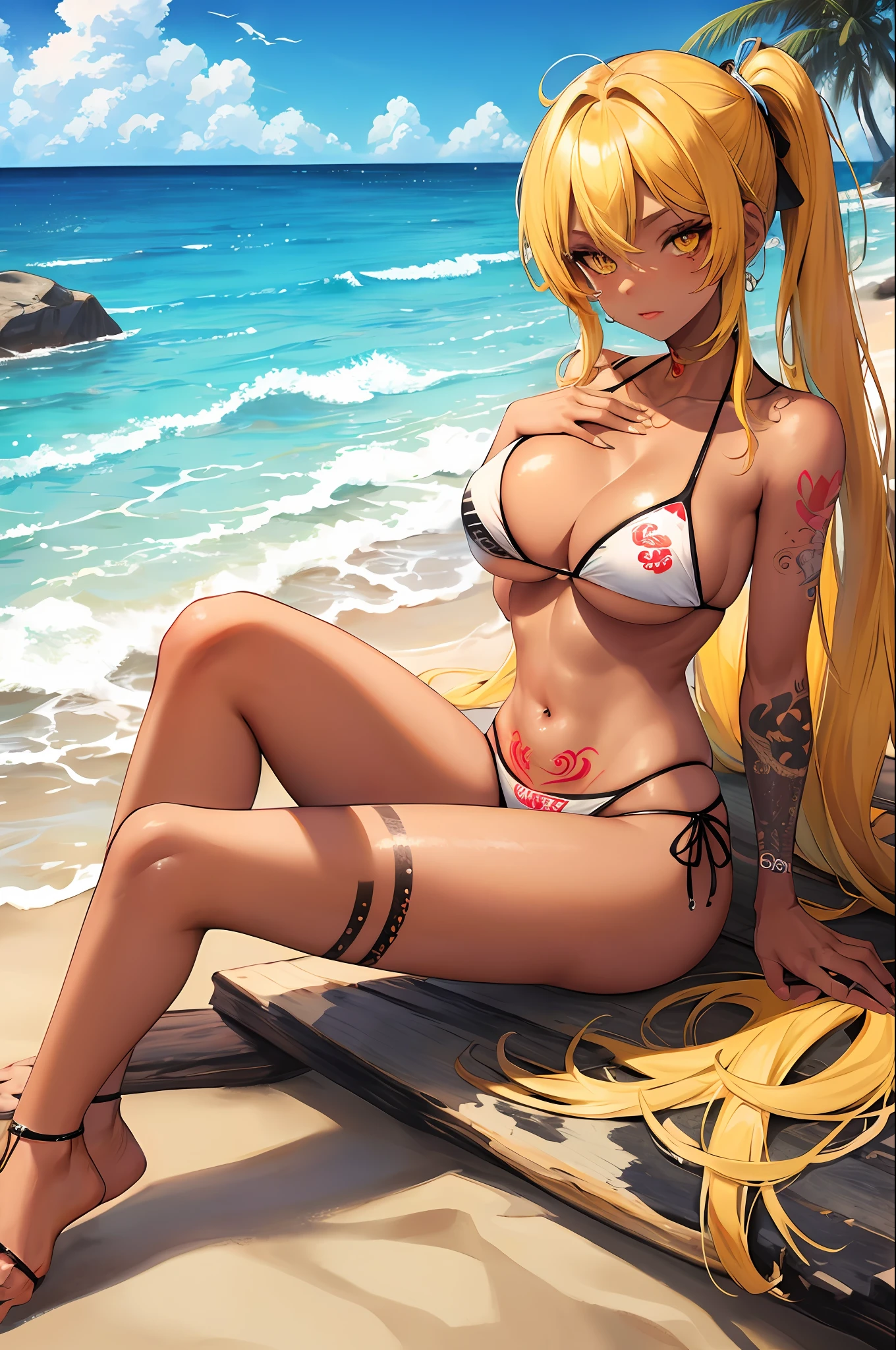 Cute , tanned skin , bikini , beach , beautiful breast , full Tattoo skin, yakuza tattoo , yellow eyes
