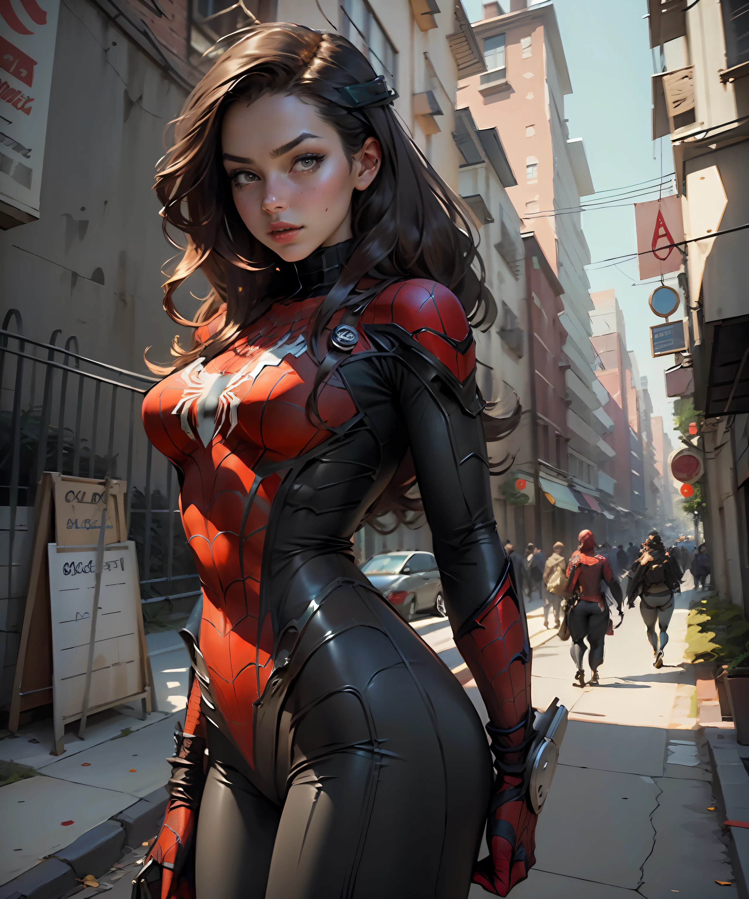 Beautiful woman detailed the outlined body with Spider-Man cosplay, very large breasts