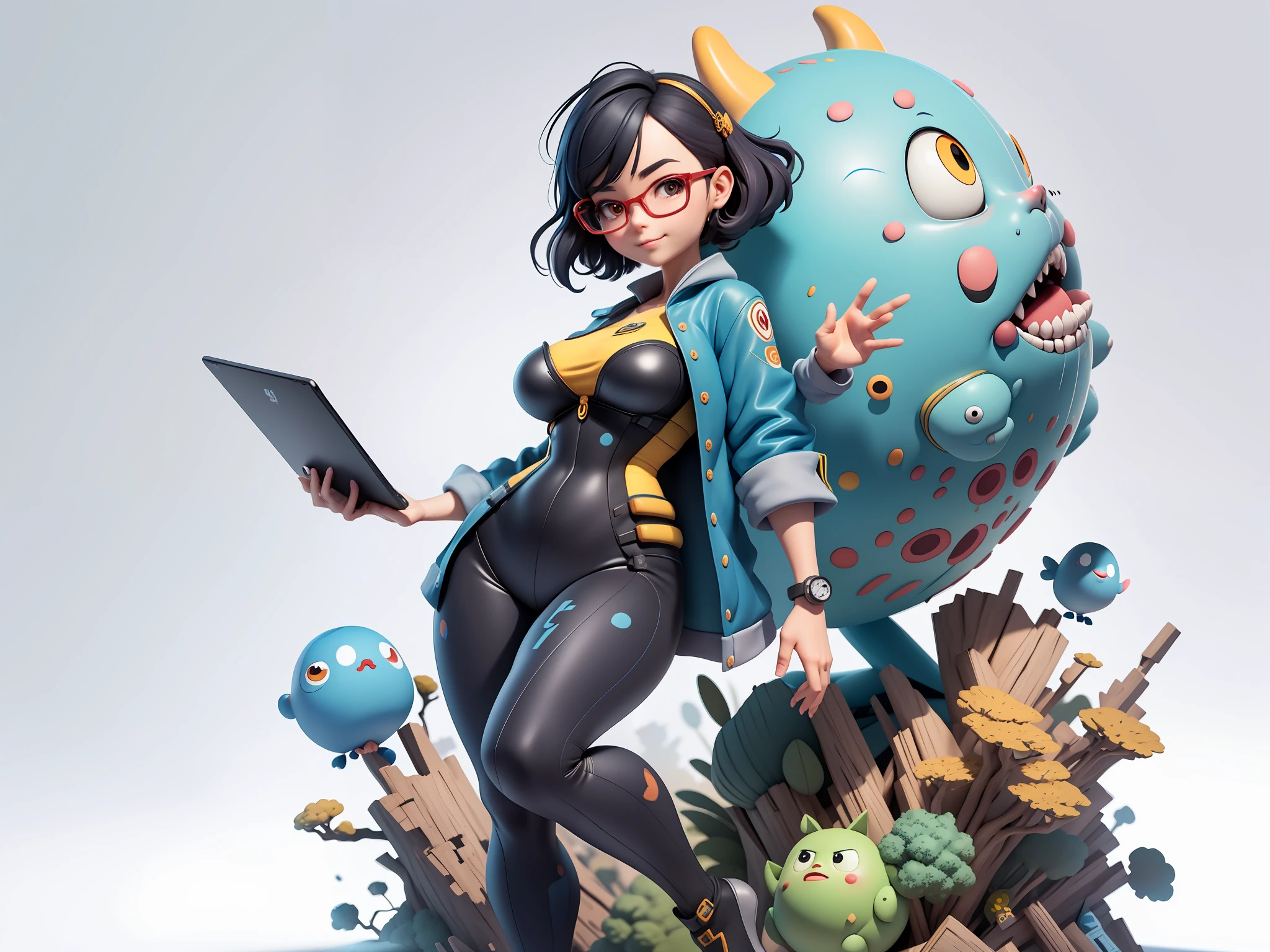 (Masterpiece), (Excellent), (Super Meticulous), (Full Body: 1.2), Super Young Woman, Beautiful, Sexy, Bursting, Oriental Face, TV Anchor, Bust Portrait Illustration, Alone, Black Suit, Blue Tie, Silver Glasses, Slightly Chubby Face, Very Clean Face, No Beard, Black Super Short Hair, Black Eyes, Confident Smile, 3c Computer Sub-Products, iPad, iPhone, Digital Painting, 3D Character Design by Mark Claireldon and Pixar and Hayao Miyazaki, The illustration is a high-definition illustration in 4K resolution with very detailed facial features and cartoon-style visuals.