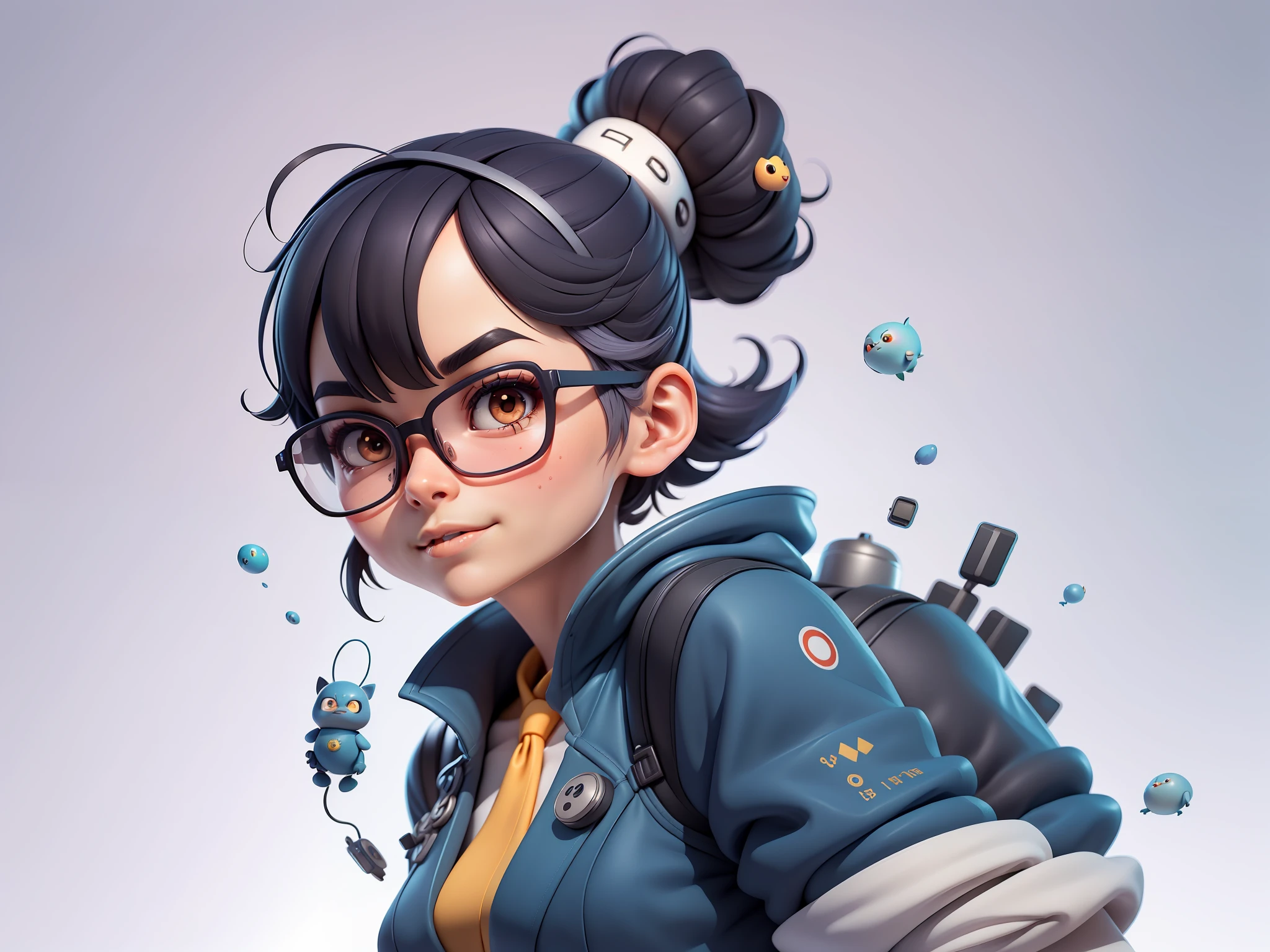 (Masterpiece), (Excellent), (Super Meticulous), (Full Body: 1.2), Super Young Woman, Beautiful, Sexy, Bursting, Oriental Face, TV Anchor, Bust Portrait Illustration, Alone, Black Suit, Blue Tie, Silver Glasses, Slightly Chubby Face, Very Clean Face, No Beard, Black Super Short Hair, Black Eyes, Confident Smile, 3c Computer Sub-Products, iPad, iPhone, Digital Painting, 3D Character Design by Mark Claireldon and Pixar and Hayao Miyazaki, The illustration is a high-definition illustration in 4K resolution with very detailed facial features and cartoon-style visuals.