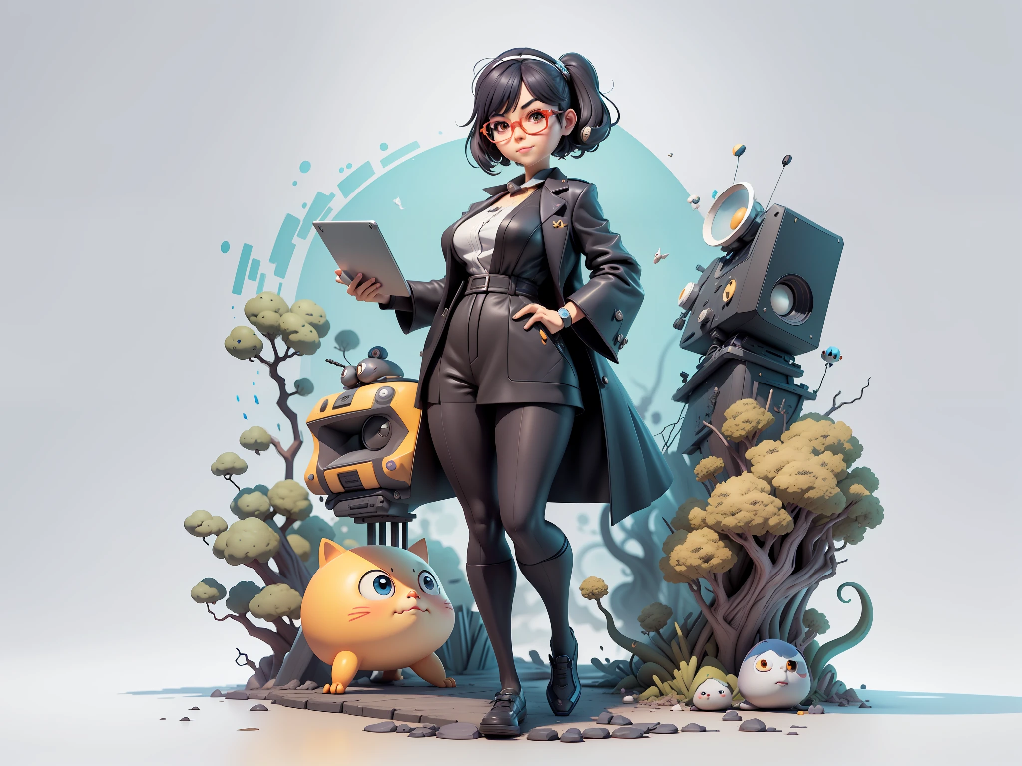 (Masterpiece), (Excellent), (Super Meticulous), (Full Body: 1.2), Super Young Woman, Beautiful, Sexy, Bursting, Oriental Face, TV Anchor, Bust Portrait Illustration, Alone, Black Suit, Blue Tie, Silver Glasses, Slightly Chubby Face, Very Clean Face, No Beard, Black Super Short Hair, Black Eyes, Confident Smile, 3c Computer Sub-Products, iPad, iPhone, Digital Painting, 3D Character Design by Mark Claireldon and Pixar and Hayao Miyazaki, The illustration is a high-definition illustration in 4K resolution with very detailed facial features and cartoon-style visuals.