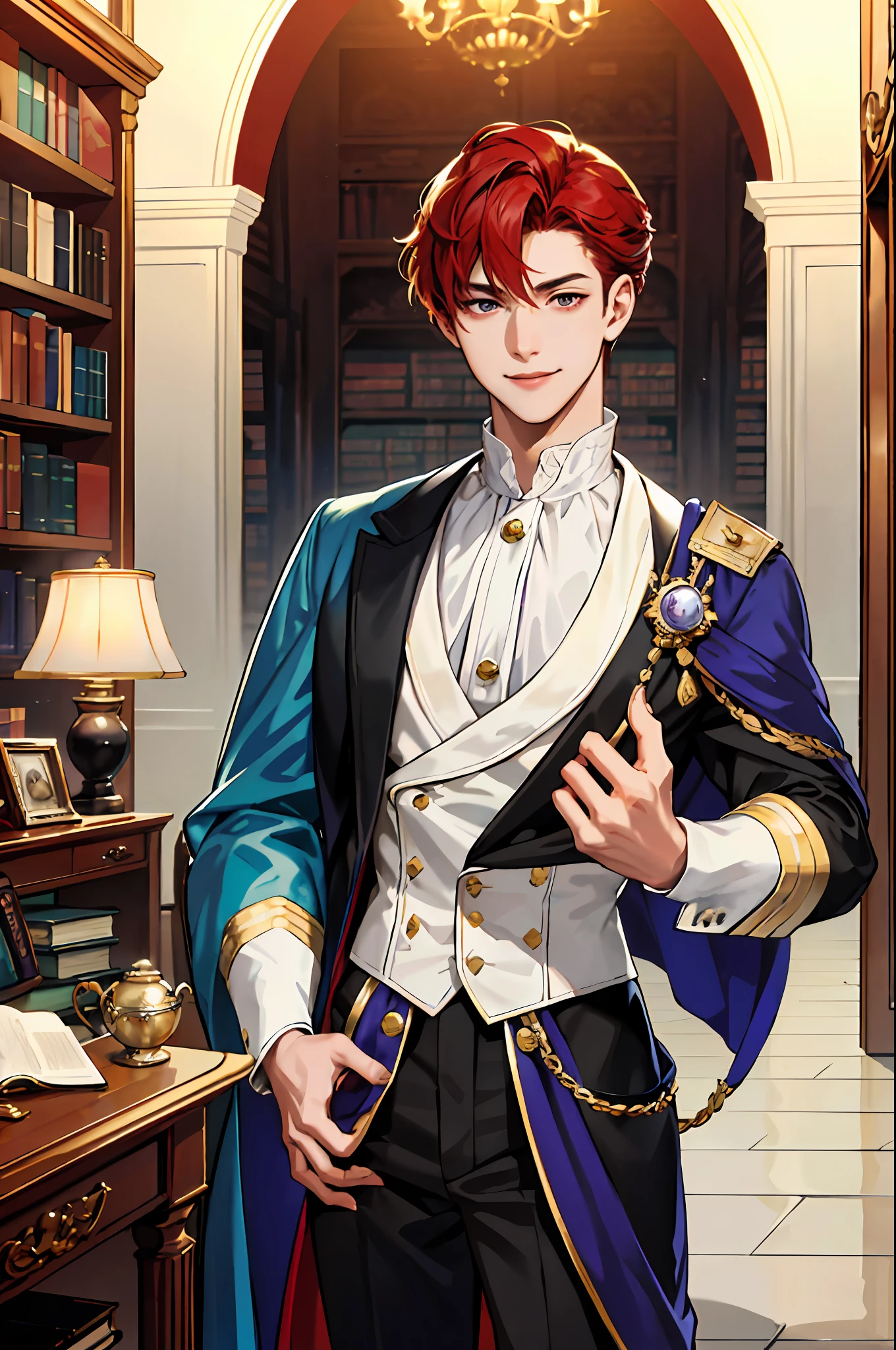 This is what a real duke looks like! Duke's antique clothes, elegant, gentlemanly. He is smiling friendly, his red hair is vivid, his red eyes shine against his perfect skin. In the background, a well-stocked library with books that fill the shelves. All this is in a beautiful light, which makes it look amazing。 (High quality: 1.2, Library: 1.5, Antique duke clothes: 1.4) Short-haired girl looked at with purple eyes, doctor's gown