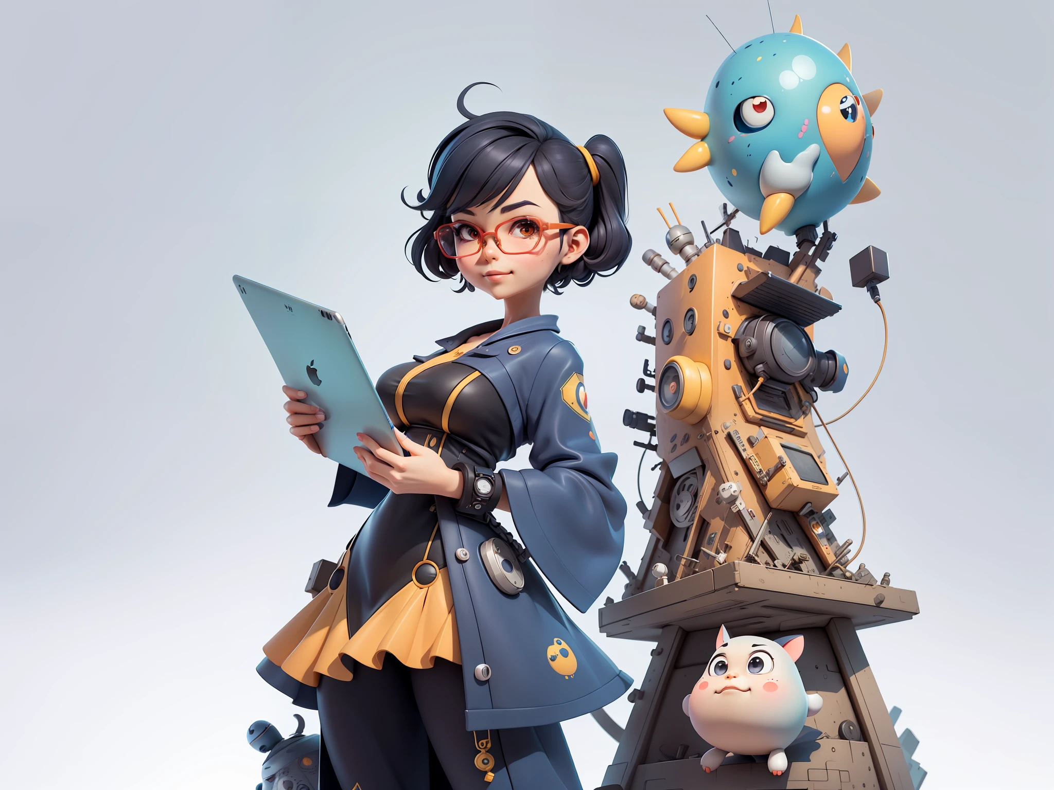 (Masterpiece), (Excellent), (Super Meticulous), (Full Body: 1.2), Super Young Woman, Beautiful, Sexy, Bursting, Oriental Face, TV Anchor, Bust Portrait Illustration, Alone, Black Suit, Blue Tie, Silver Glasses, Slightly Chubby Face, Very Clean Face, No Beard, Black Super Short Hair, Black Eyes, Confident Smile, 3c Computer Sub-Products, iPad, iPhone, Digital Painting, 3D Character Design by Mark Claireldon and Pixar and Hayao Miyazaki, The illustration is a high-definition illustration in 4K resolution with very detailed facial features and cartoon-style visuals.