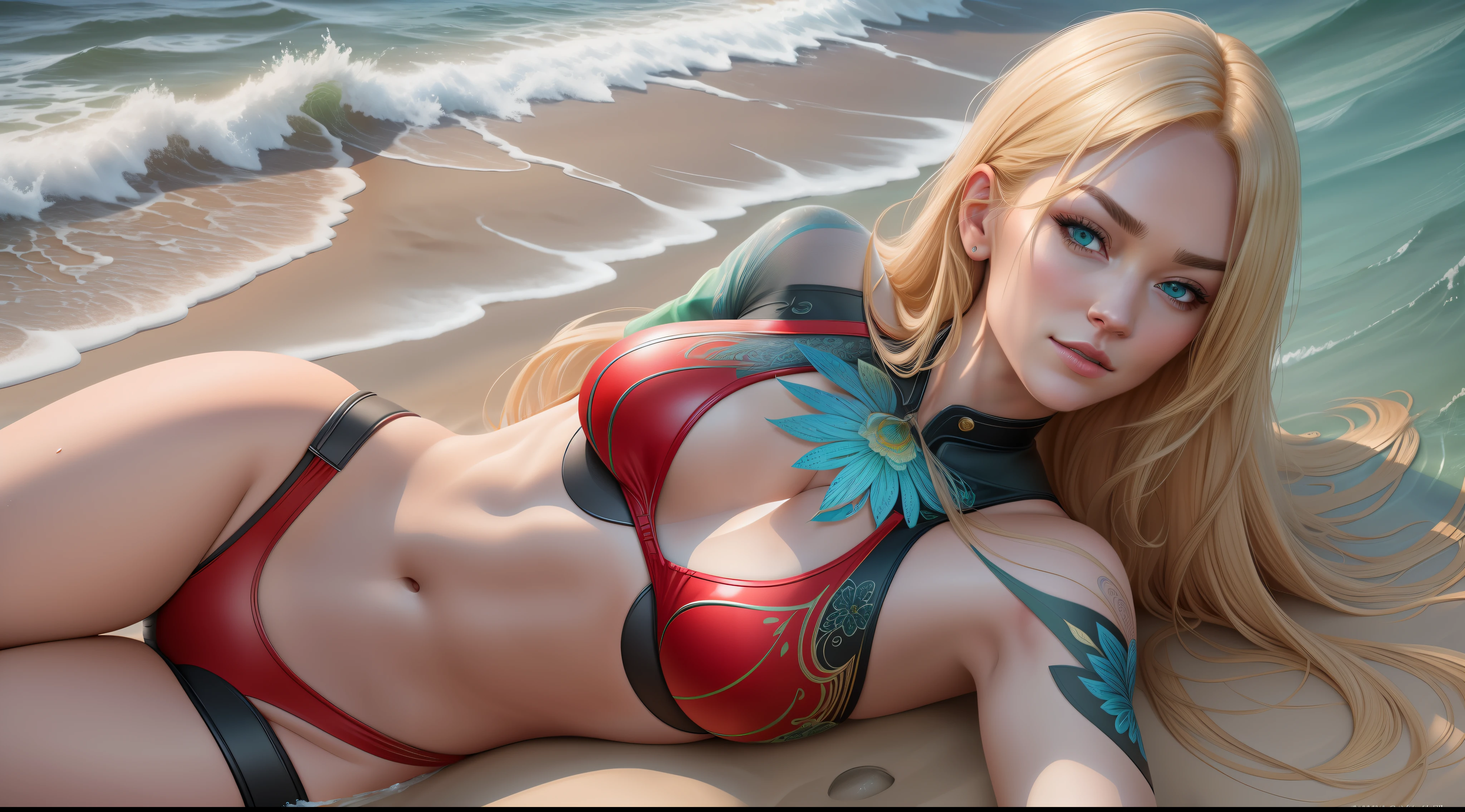 Yvonne Strahovski beautiful, long blonde hair, wearing red bikini on a beach, perfect detailed face, detailed green eyes with circular iris, realistic, stunning realistic photography, intricately detailed, ultra high definition, 8K, Unreal Engine 5, ultra sharp focus, highly detailed, vibrant, rendered in 8K resolution for high quality details, 8K image quality, 8K high resolution image,    hyper detailed, super realistic, intricate details