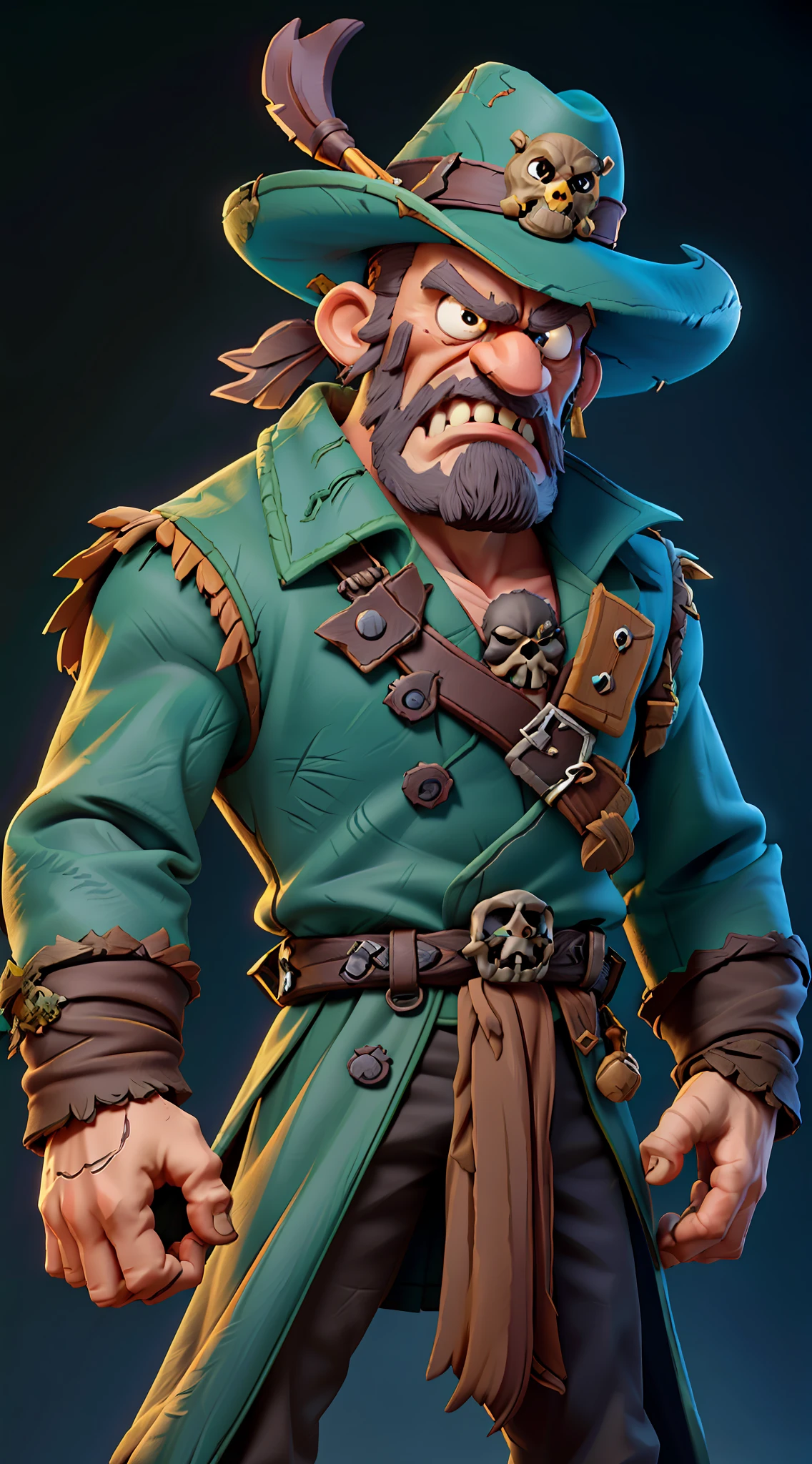 A pirate man, looks 40 years old, ((angry face expression)), extremely detailed, dark eyes, wearing pirate clothes, hat with a stamped skull and a green ornament feather, wearing pants and a ((black coat)), black shoes, masterpiece, high quality, ((multiple poses)), ((children's book style)), white background -- v6 quality --2