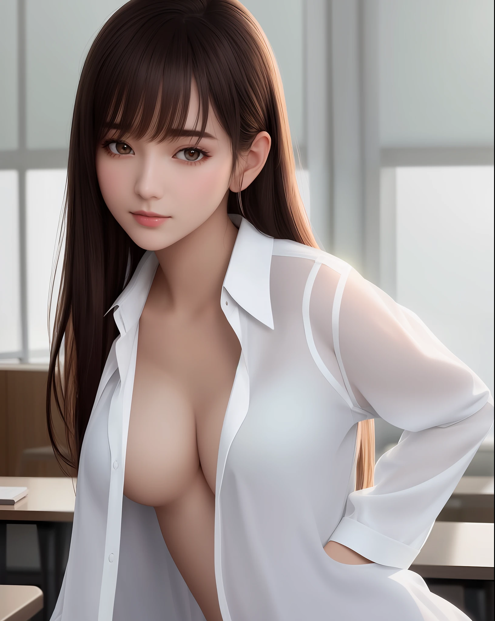 (Highly detailed CG unity 8k wallpaper), (masterpiece), (best quality), (super detailed), (best illustration), (best shadow), (photorealistic: 1.4), real human skin, lens flare, shade, backlight, depth of field, natural light, hard focus, film grain, ntsw, one girl, 18 years old, solo, skinny, (upside down clothes, Oversized white shirt:1.2, open shirt), pale skin, soft lips, (light eyebrows: 1.4), brown eyes, black long straight hair, (small breasts), being in the classroom, suggestive