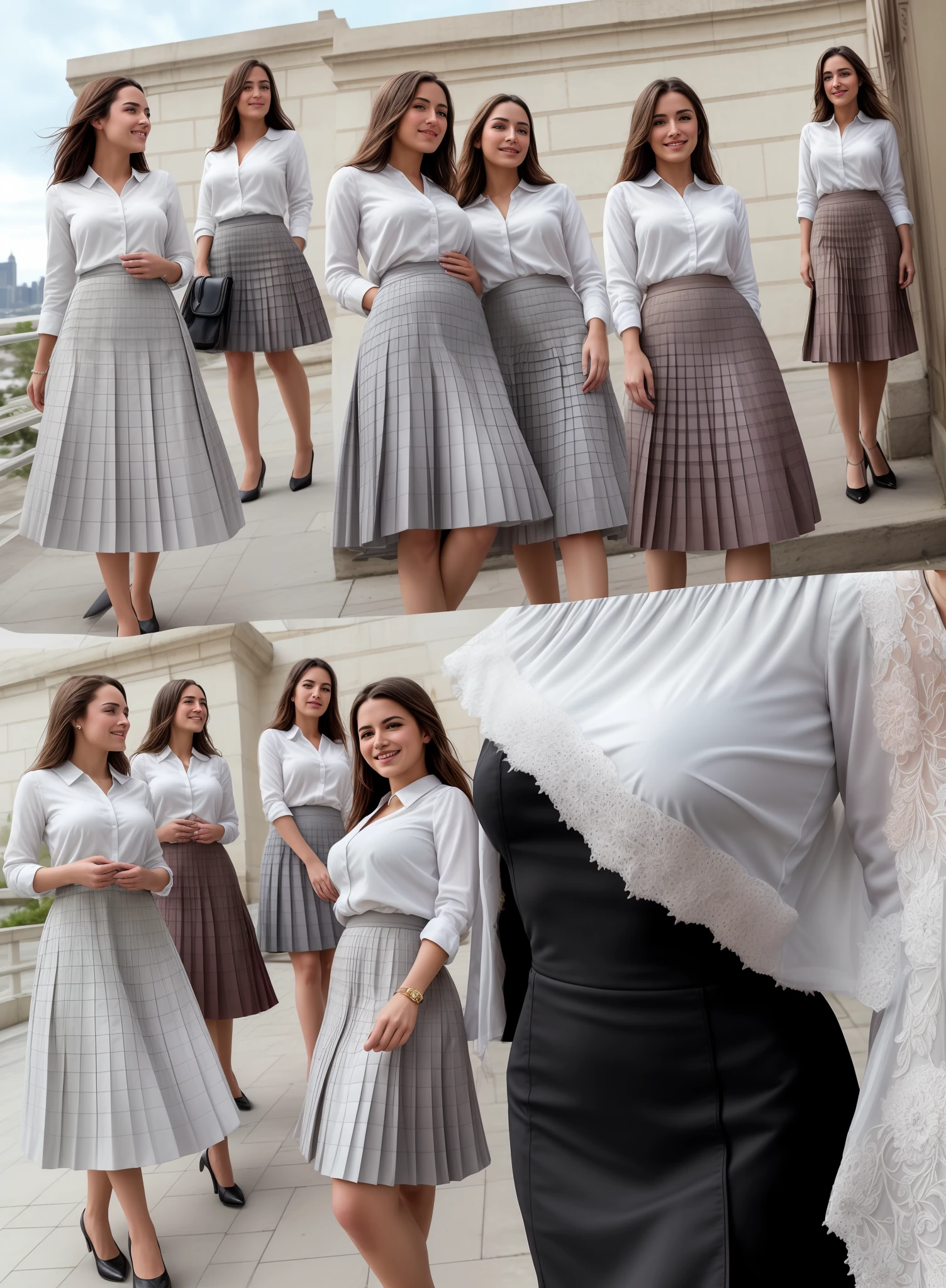 35mm f1.4 Kodak portra 400 photograph, extremely high quality RAW photograph, a lot of therapists are going to kiss you and love you and breastfeed you while wearing long skirts, (shy) authentic (kind and tender) lesbian women wearing short blazers with a very very detailed (long (fully pleated) full circle skirts) and (simple) low heeled office shoes, very very intricate hyper-detailed symmetric (attractive graceful young feminine faces) with (sad, tired) eyes and a (flirty smiles:1.5), full of empathy and compassion and love, (pronounced feminine features:1,3), big boobs, large breasts, (highly detailed ultra accurate realistic) hands and fingers, ((windy conditions and wind blowing)), epic composition, highly detailed attributes, highly detailed atmosphere, detailed background, intricate, Exquisite details and textures, highly detailed,
