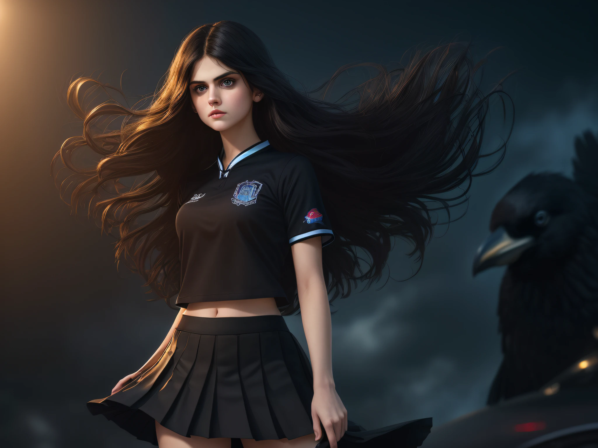 (Alexandra Daddario), ((1girl)), ((cinematic light)), colorful, hyper detail, dramatic light, intricate details, best quality, (extremely detailed CG unity 8k wallpaper, masterpiece, best quality, ultra-detailed, best shadow), (detailed background:1.4), (beautiful detailed face, beautiful detailed eyes), High contrast, (best illumination, an extremely delicate and beautiful),(girl:1.5), solo, black skirt, blue eyes, long hair, music, one side up, black hair, pleated skirt, black shirt, (raven totem in background) dynamic angle,beautiful detailed glow,full body, cabelo ondulado, cheerleader uniform, legging, , 15 y