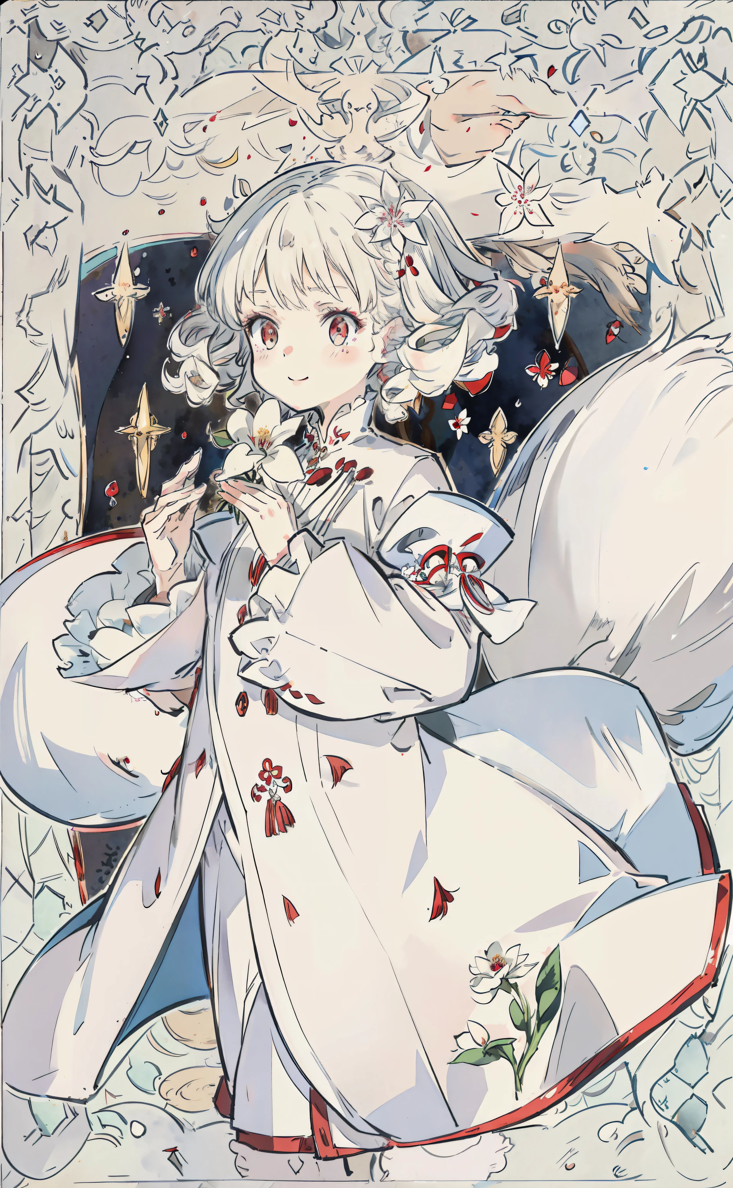 White hair, red pupils, short hair, curly hair, hairpins, white clothing, Victorian style, British background, cute and lively, cat-like pupils, ghost surrounding, itself is a ghost, clothes cover the feet, flower decoration, delicate eyes, tear moles, full body drawing, character drawing, setting map, standing image, rich background, ****, sister, smile, beautiful, fantastical, mysterious