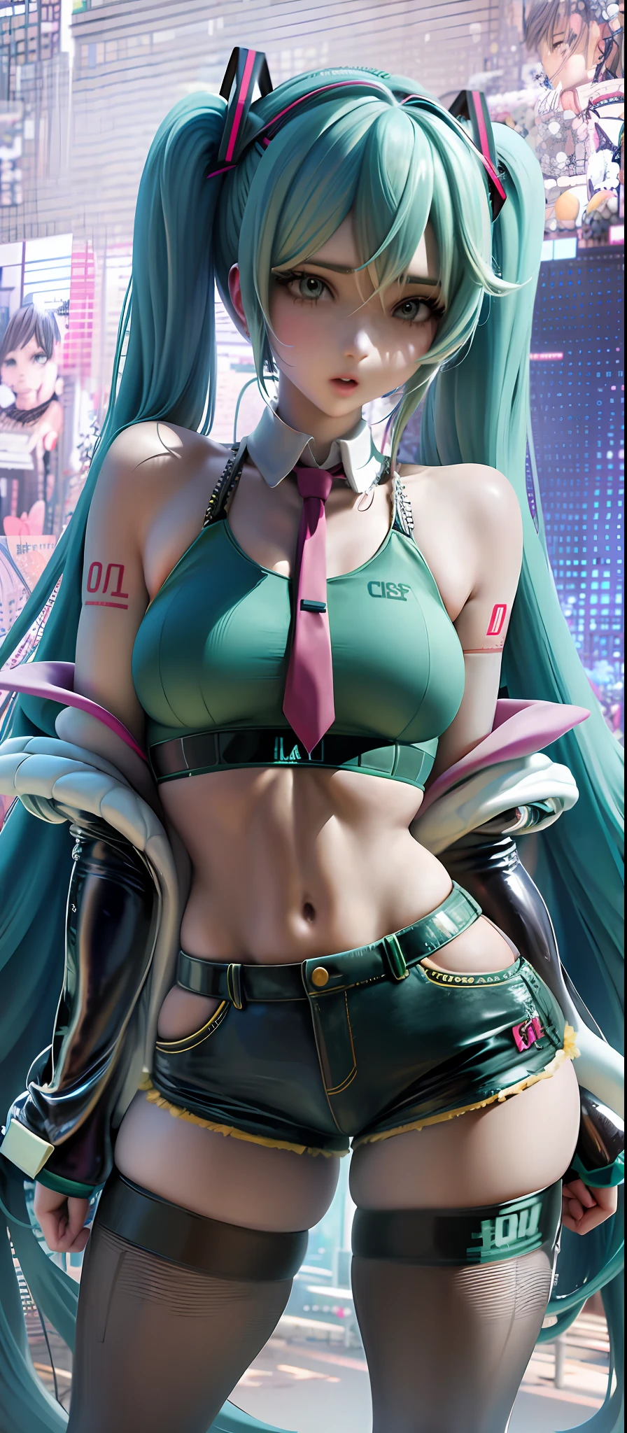 Hatsune Miku, extremely detailed face, sports bra, shorts, pantyhose, full body, vision