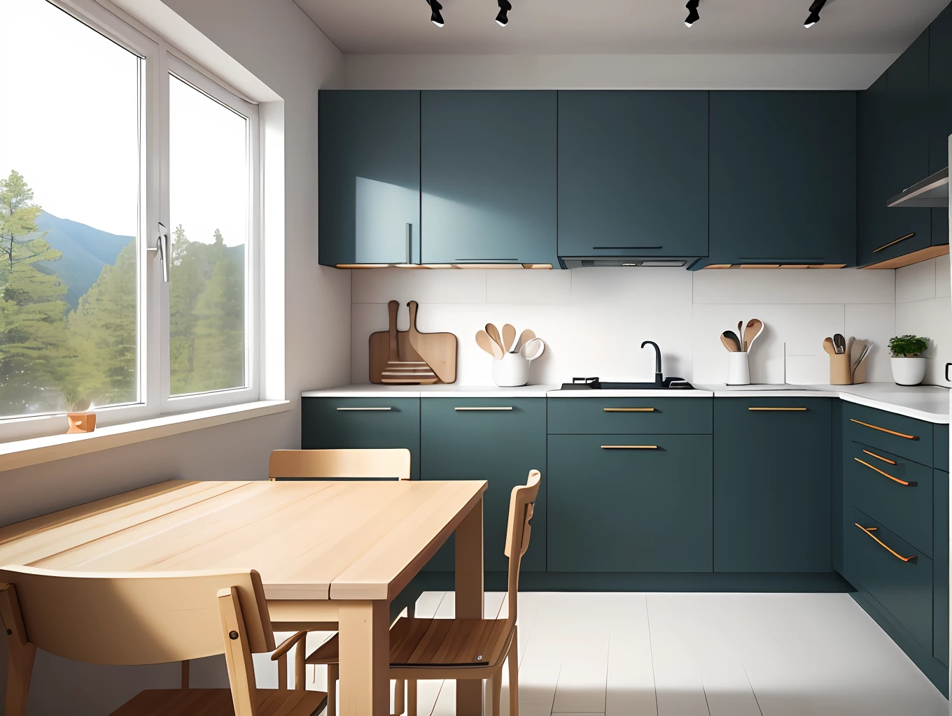 ((best quality)), ((masterpiece)), ((realistic)), Design a minimalist Swedish kitchen with a focus on clean lines, simplicity, and functionality. The kitchen should embrace the Scandinavian style, incorporating elements of natural materials, such as wood and stone, and featuring a neutral color scheme with earth tones. The design should prioritize ample storage space, efficient organization, and ergonomic layout. Natural light should flood the space, enhancing the bright and airy atmosphere. Create a 3D visualization of the kitchen, showcasing its minimalist aesthetics, high-quality craftsmanship, and attention to detail. It is a scenic masterpiece