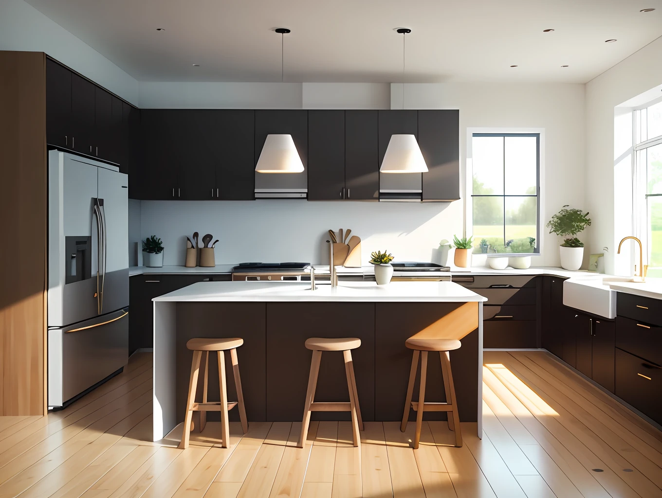 ((best quality)), ((masterpiece)), ((realistic)), Design a minimalist Swedish kitchen with a focus on clean lines, simplicity, and functionality. The kitchen should embrace the Scandinavian style, incorporating elements of natural materials, such as wood and stone, and featuring a neutral color scheme with earth tones. The design should prioritize ample storage space, efficient organization, and ergonomic layout. Natural light should flood the space, enhancing the bright and airy atmosphere. Create a 3D visualization of the kitchen, showcasing its minimalist aesthetics, high-quality craftsmanship, and attention to detail. It is a scenic masterpiece