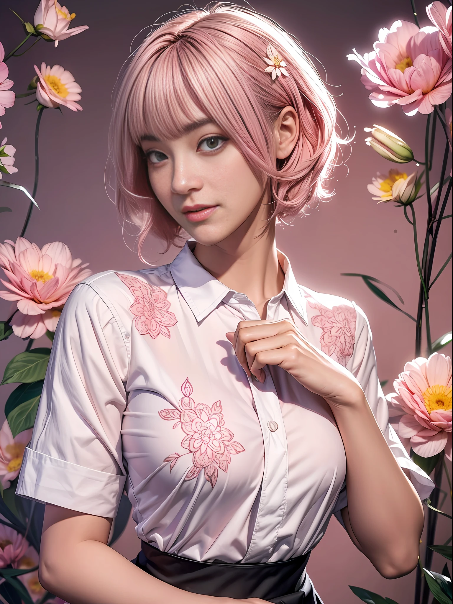 1 girl, Korean, masterpiece, changeable pose, solo, (zen tangles, mandalas, tangles, tangles), ((flowers: 1.4)) Official art, unified 8k wallpaper, super detailed, aesthetics, masterpiece, best quality, photo realism, shirt clothes, black short skirt, photo, close-up of face, (pink short hair:1.3), fair skin, bright big eyes, tall straight nose, (beautiful face: 1.5), smile, technical aesthetics, real
