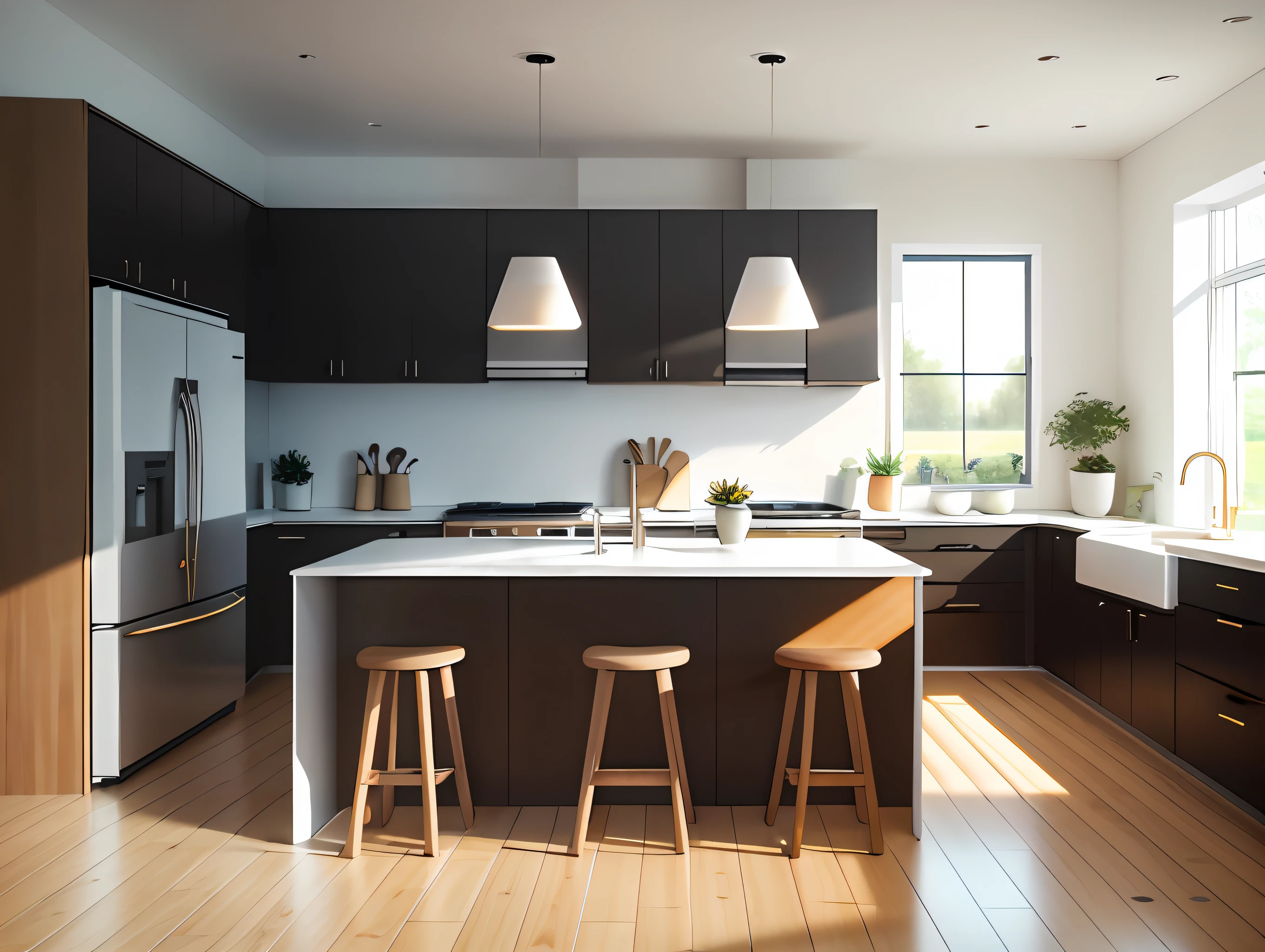 ((best quality)), ((masterpiece)), ((realistic)), Design a minimalist Swedish kitchen with a focus on clean lines, simplicity, and functionality. The kitchen should embrace the Scandinavian style, incorporating elements of natural materials, such as wood and stone, and featuring a neutral color scheme with earth tones. The design should prioritize ample storage space, efficient organization, and ergonomic layout. Natural light should flood the space, enhancing the bright and airy atmosphere. Create a 3D visualization of the kitchen, showcasing its minimalist aesthetics, high-quality craftsmanship, and attention to detail. It is a scenic masterpiece