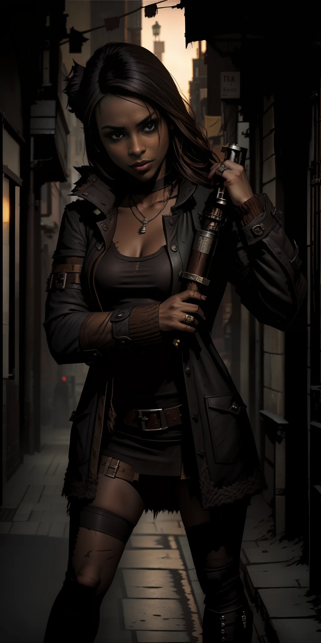 "Complete artwork masterpiece, high quality, ultra detailed in 4k, 8k, high resolution, hyper-realistic photo, hyper-detailed, realistic skin texture, amazing shadows, highly detailed background, extremely detailed texture, perfect lighting, high-level image quality. ((A female street samurai from a cyberpunk Future, Black jacket, inspired by shadowrun, fair skin, full body pic, long black hair, brown eyes, defined face, small breasts)), choker, use woman from reference picture as role model, city at night, night lights
