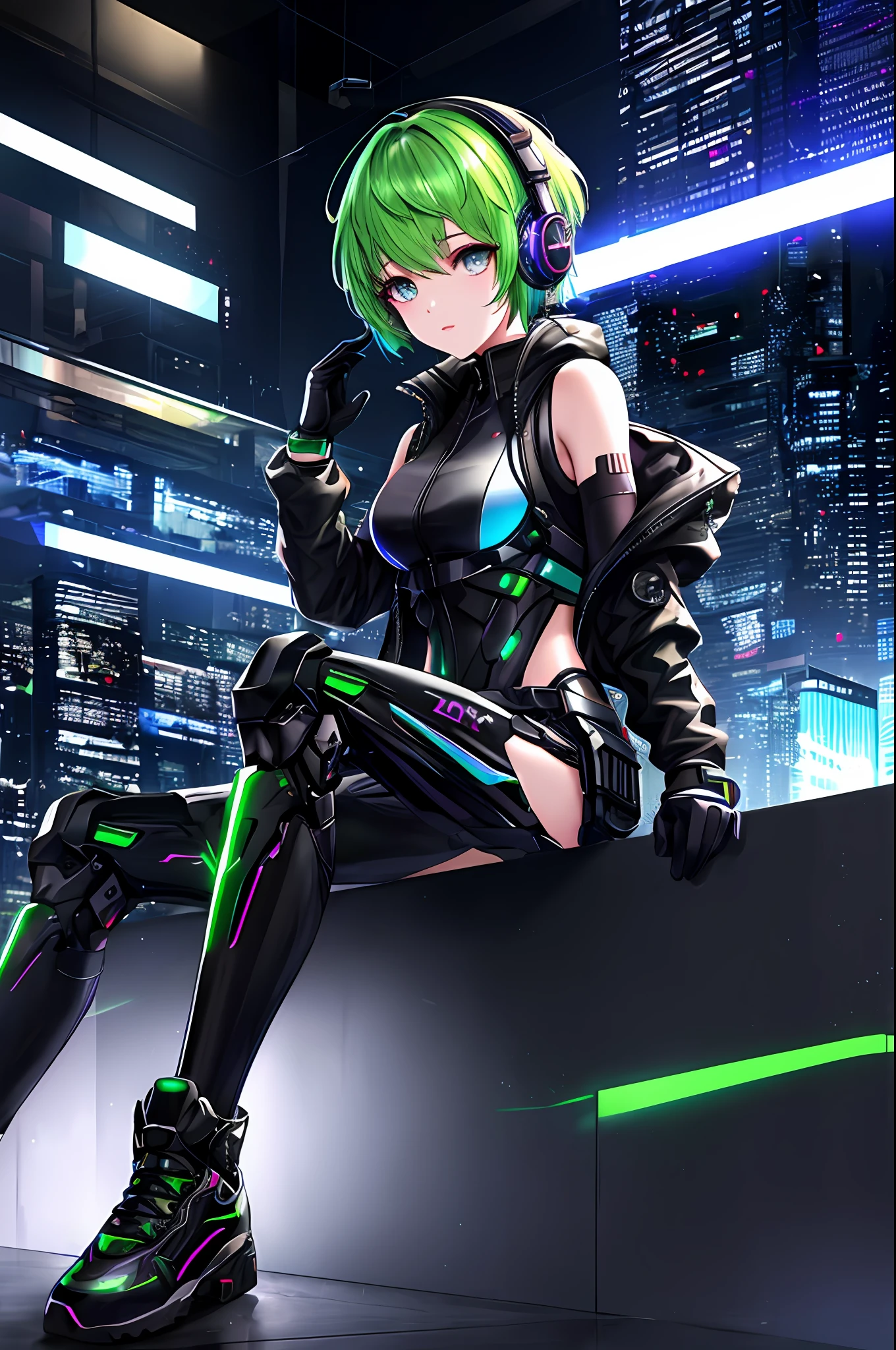 Top quality, masterpiece, very precise details, absurdity, very fine 8KCG wallpaper, very delicate and beautiful girl, highly detailed character, incredibly beautiful, BREAK, (transcendent beautiful girl: 1.5), very detailed eyes and face, (pixie cut hairstyle, shiny hair, green hair), BREAK, (half-clothes jacket), (mechanical joints, mechanical feet: 1.4), sitting, perfect five fingers, BREAK, (sleeveless exoskeleton suit), (headphones), black gloves, cyberpunk, neon glowing city,