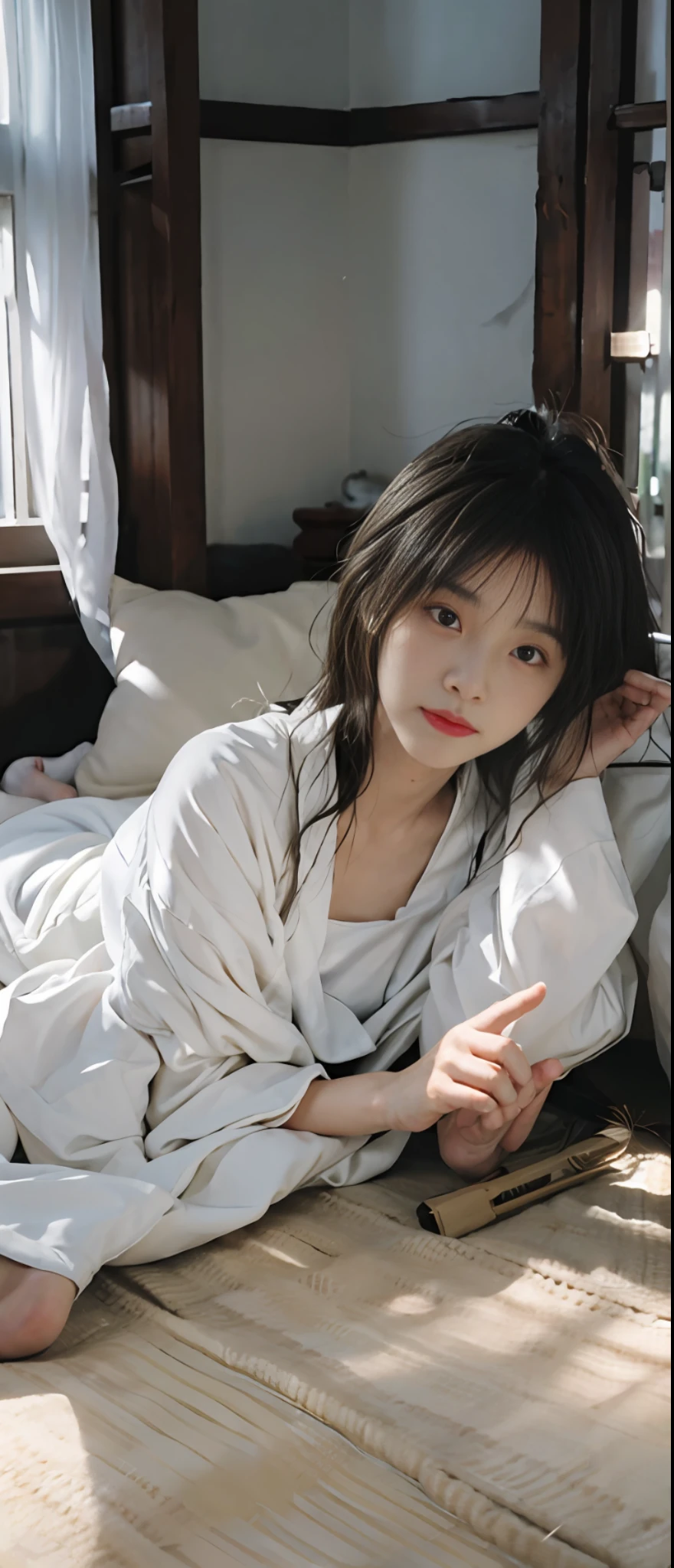 A woman, lying on the floor of the room, barefoot, white kimono, Kim Myeongguk, fantastic atmosphere and drama, soft ethereal lighting, Jung-sun, soft morning lighting, with natural light as background, ultra-clear resolution, best quality, master masterpiece