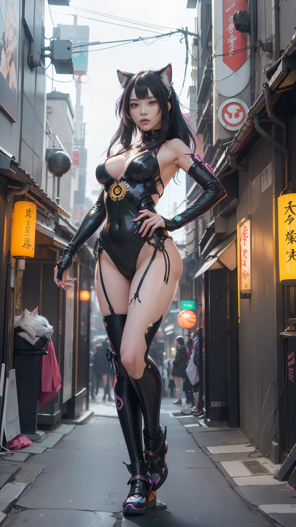 hyperrealistic portrait photograph of cyberpunk nekomata catgirl in a crowded Japanese street, geisha makeup and hairstyle, (((dynamic pose))), walking pose, flowing organic construction, detailed designs, glowing colorful circuitry, colorful neon trim, cinematic lighting, rim lighting, f/2.8, art by H.R. Giger, Greg Rutowski