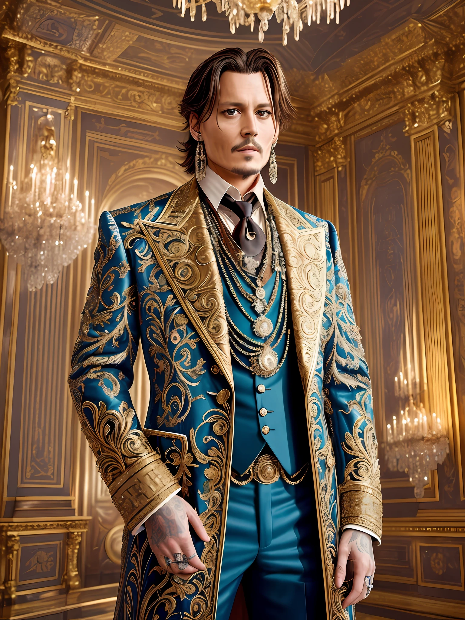 Johnny Depp:
Masterpiece Photography Ultra Realistic Description: Johnny Depp, the enigmatic American actor, is captured in a mesmerizing 4K hyper-realistic composition wearing a flamboyant and theatrical ensemble, standing in a lavish ballroom adorned with chandeliers and intricate frescoes. The unexpected blend of eccentricity and opulence enhances his captivating presence. With his piercing eyes and enigmatic smile, he exudes a sense of mystery and allure. The hyper-realistic portrayal captures the intricate details of his elaborate costume, the lavish surroundings of the ballroom, and the play of light and shadow, evoking a sense of unparalleled artistry and mesmerizing charm.