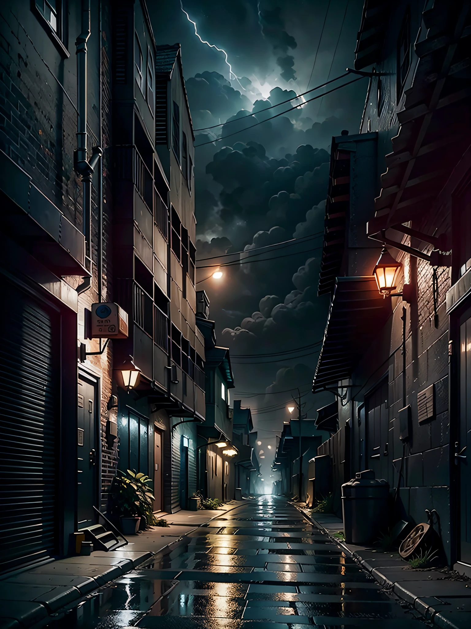 dystopian city alley low lighting, details, subdued colors haze night dark sky with storm, realistic, 16k, HD