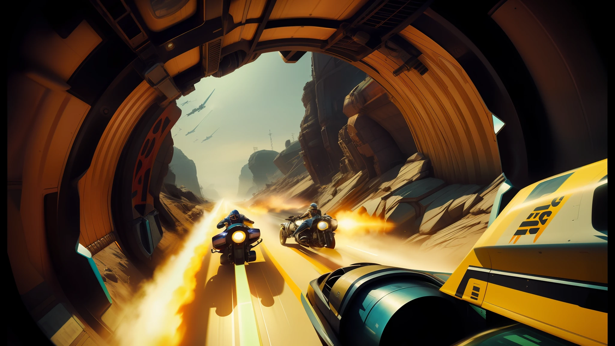 arafed woman in a helmet and goggles in a plane, tuomas korpi and wlop, youtube thumbnail, furious gorgeous woman, outrun style and colours, 70's jetfighter pilot girl, flares anamorphic, wojtek fus, motorbikers race in hell, cgsociety - w 1 0 2 4 - n 8 - i, 3dcg