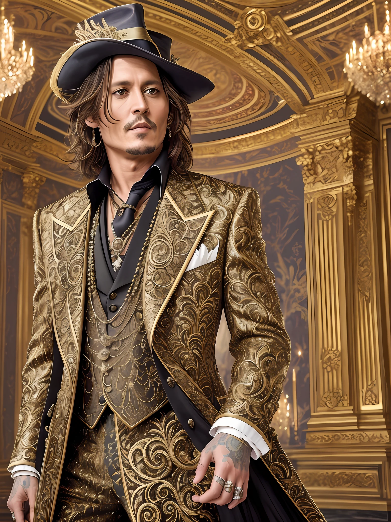 Johnny Depp:
Masterpiece Photography Ultra Realistic Description: Johnny Depp, the enigmatic American actor, is captured in a mesmerizing 4K hyper-realistic composition wearing a flamboyant and theatrical ensemble, standing in a lavish ballroom adorned with chandeliers and intricate frescoes. The unexpected blend of eccentricity and opulence enhances his captivating presence. With his piercing eyes and enigmatic smile, he exudes a sense of mystery and allure. The hyper-realistic portrayal captures the intricate details of his elaborate costume, the lavish surroundings of the ballroom, and the play of light and shadow, evoking a sense of unparalleled artistry and mesmerizing charm.