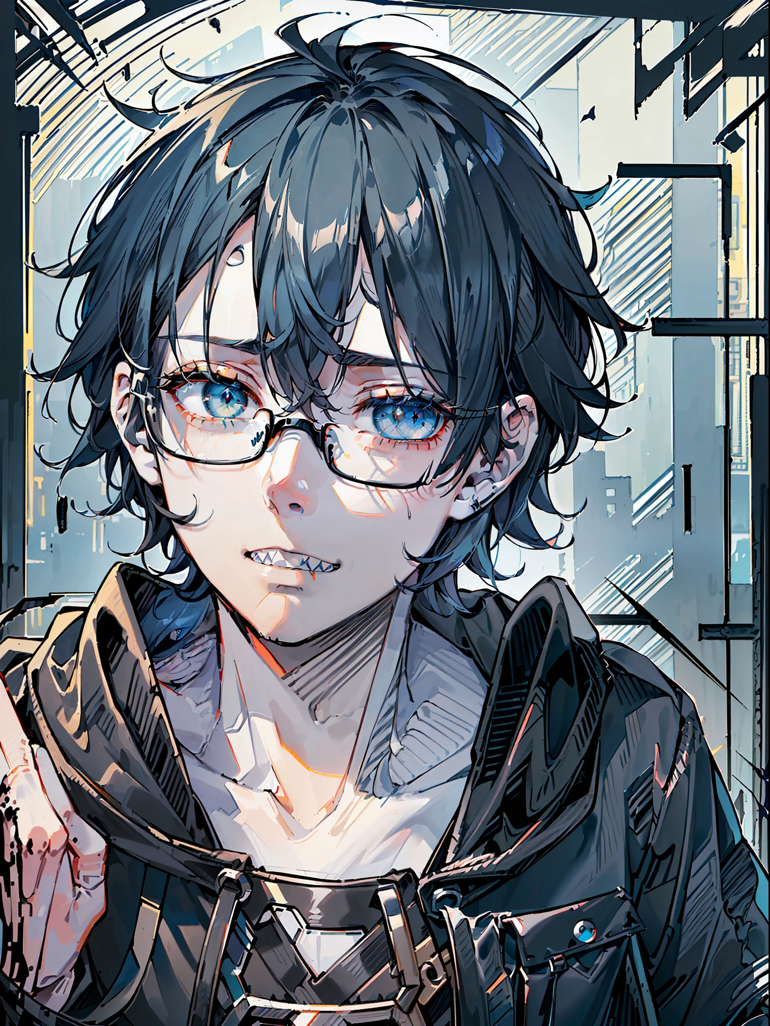 ((highest quality, masterpiece, 4k, finely detailed, detailed eyes, detailed face, intricate details)), (((horror style, monstrous, scary, bloody, body horror, multiple arms, sharp teeth, black eyes))) ((solo)), 1boy, male, masculine, handsome, adult man, guy, square jaw line skinny, lanky, ((shaggy messy hair, longbangs falling into face, messy bangs, dark blue hair color. Black hair strands)), ((pale blue eye color, half-lidded tired eyes, bags under eyes)), looking at viewer, (((modern hoodie with dark blue and black colors, baggy black cargo pants))), ((wearing thick glasses with black square frame)),