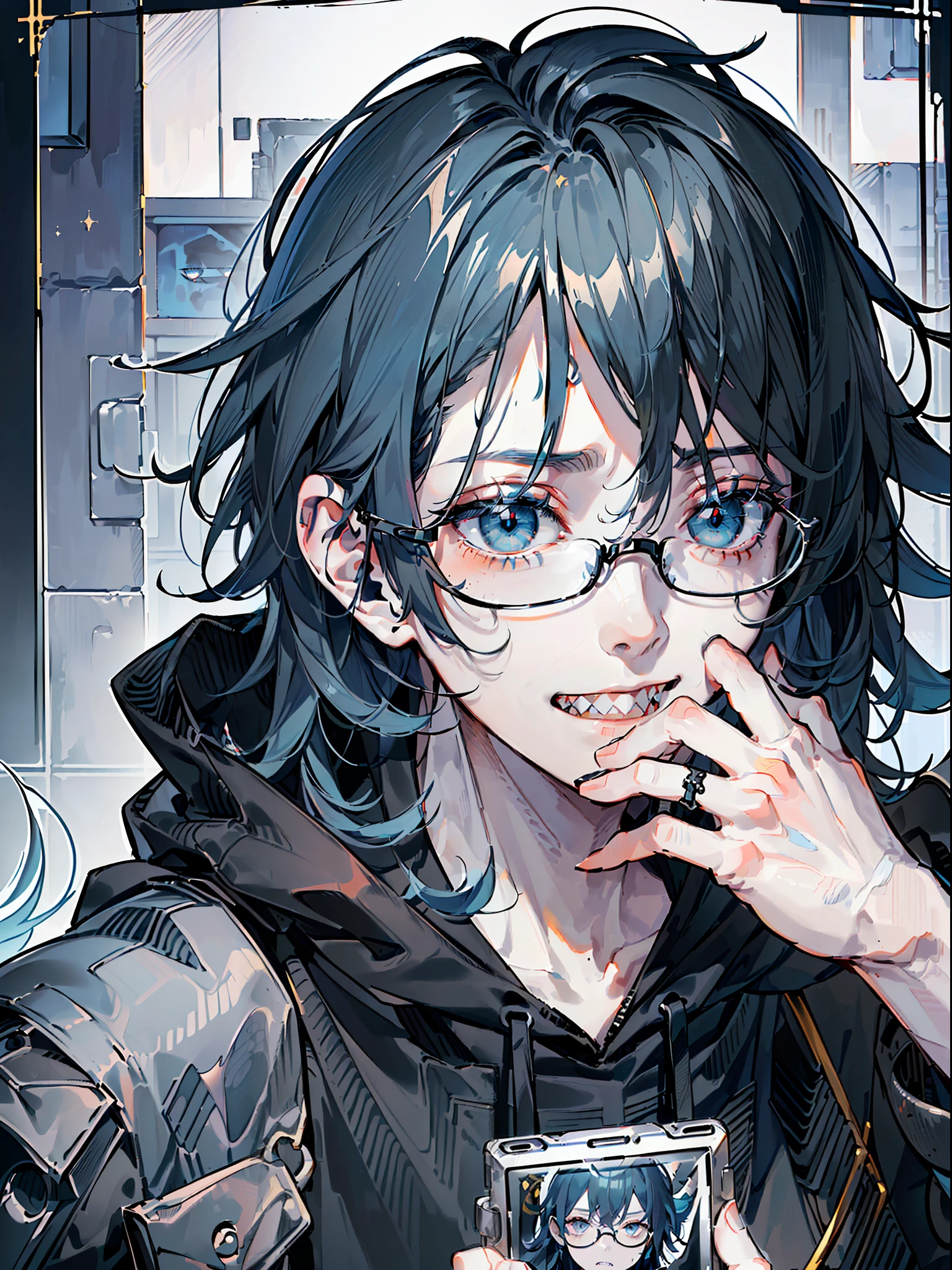 ((highest quality, masterpiece, 4k, finely detailed, detailed eyes, detailed face, intricate details)), (((horror style, monstrous, scary, bloody, body horror, multiple arms, sharp teeth, black eyes))) ((solo)), 1boy, male, masculine, handsome, adult man, guy, square jaw line skinny, lanky, ((shaggy messy hair, longbangs falling into face, messy bangs, dark blue hair color. Black hair strands)), ((pale blue eye color, half-lidded tired eyes, bags under eyes)), looking at viewer, (((modern hoodie with dark blue and black colors, baggy black cargo pants))), ((wearing thick glasses with black square frame)),