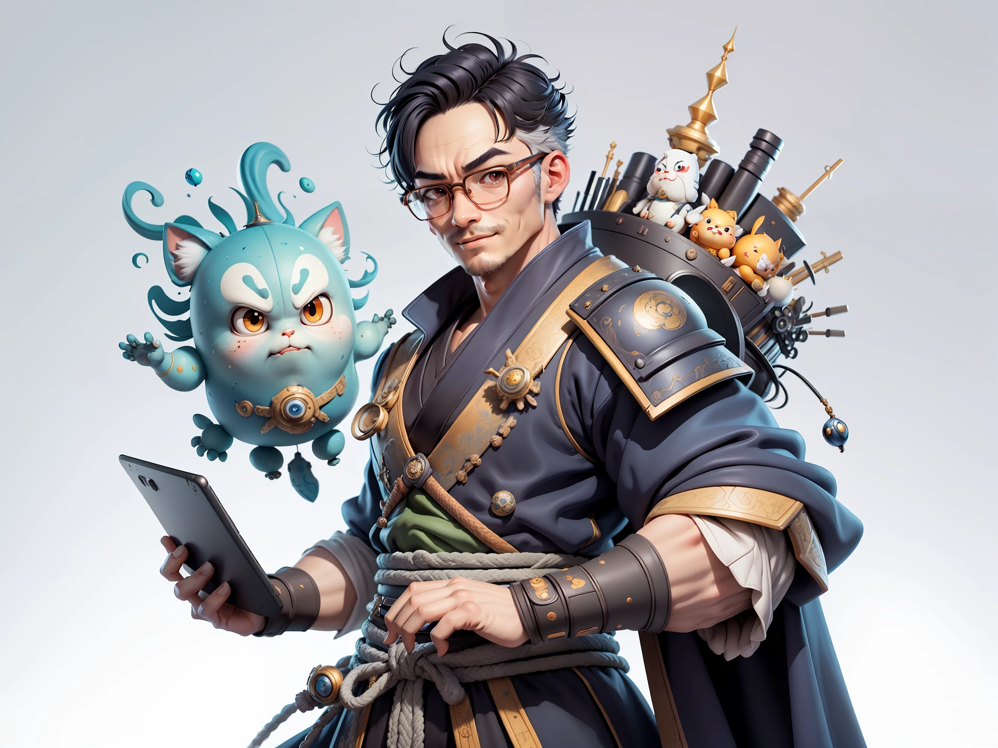 (Masterpiece), (Excellent), (Super Meticulous), (Full Body: 1.2), Super Young Man, Oriental Face, Japanese Samurai, TV Anchor, Bust Portrait Illustration, Alone, Black Suit, Blue Tie, Silver Glasses, Slightly Chubby Face, Very Clean Face, No Beard, Black Super Short Hair, Black Eyes, Confident Smile, 3c Computer Sub-Products, iPad, iPhone, Digital Painting, 3D Character Design by Mark Claireden and Pixar and Hayao Miyazaki, the illustration is HD illustration in 4K resolution, With very detailed facial features and cartoon-style visuals.