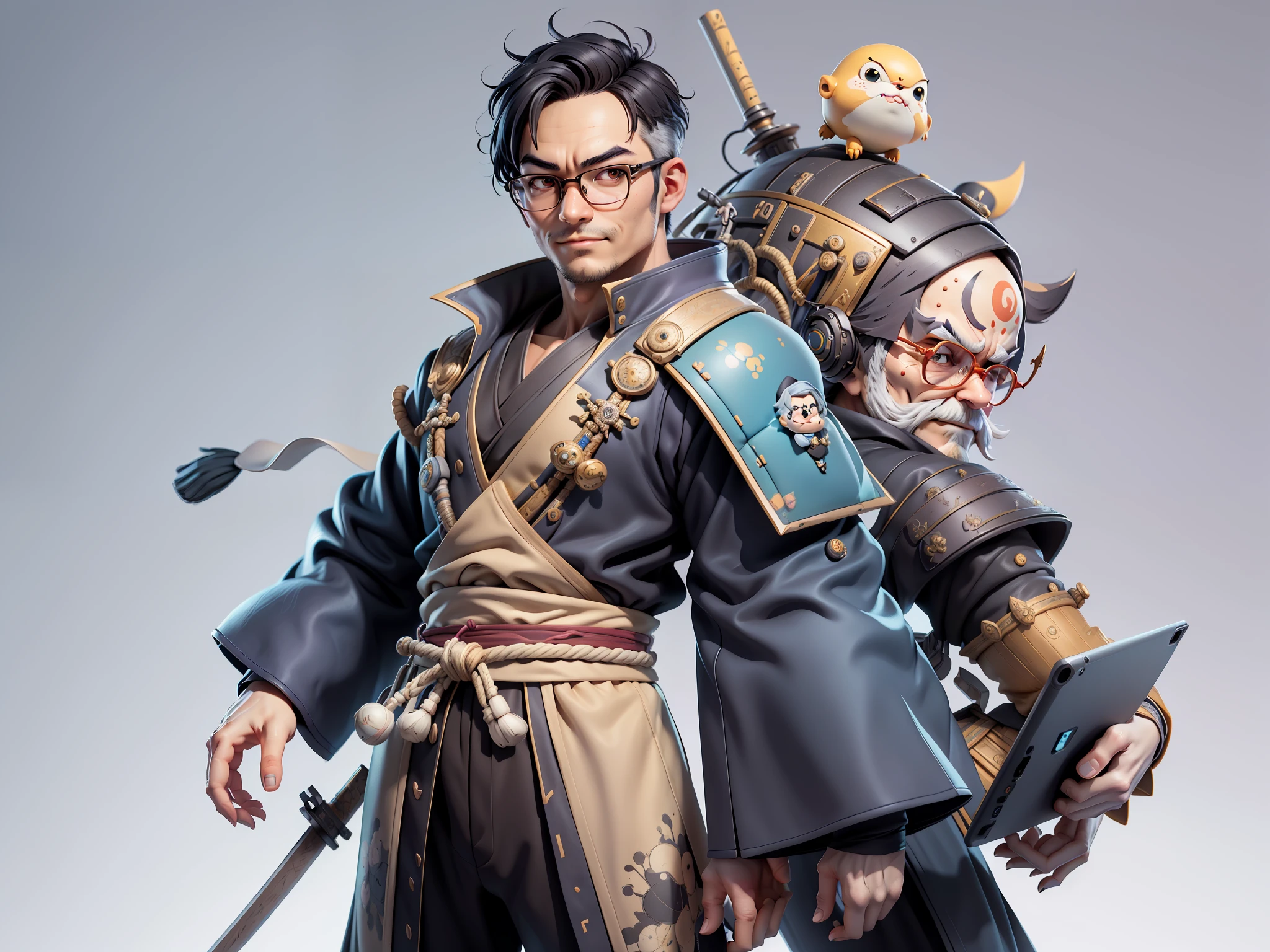 (Masterpiece), (Excellent), (Super Meticulous), (Full Body: 1.2), Super Young Man, Oriental Face, Japanese Samurai, TV Anchor, Bust Portrait Illustration, Alone, Black Suit, Blue Tie, Silver Glasses, Slightly Chubby Face, Very Clean Face, No Beard, Black Super Short Hair, Black Eyes, Confident Smile, 3c Computer Sub-Products, iPad, iPhone, Digital Painting, 3D Character Design by Mark Claireden and Pixar and Hayao Miyazaki, the illustration is HD illustration in 4K resolution, With very detailed facial features and cartoon-style visuals.