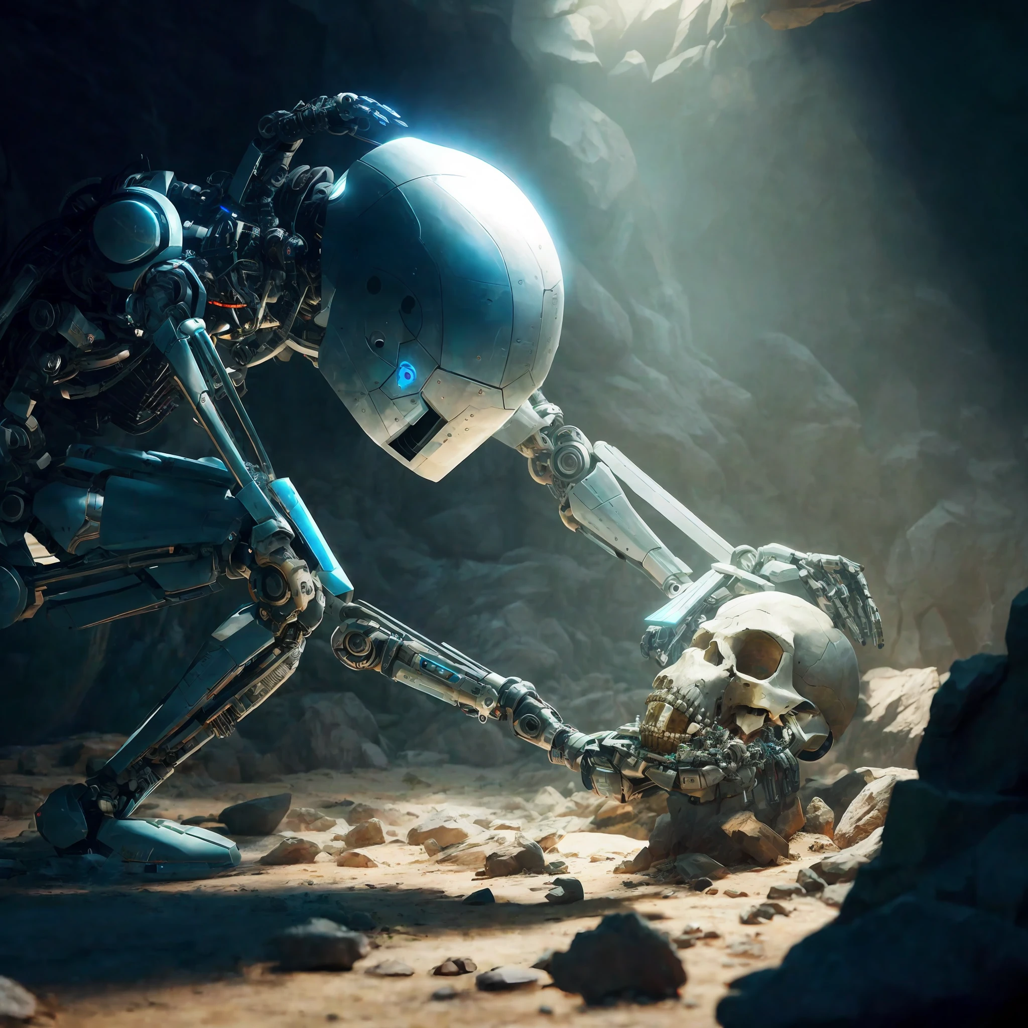 There is a futuristic cyborg robot with LEDs that is kneeling with a skull in a cave, robot, robot photography, 3D render digital art, digital art render, beautiful digital art, a still life of a robot, by Andrei Kolkoutine, bionic scifi Alexandre Ferra, amazing digital art, Rolands Zilvinskis 3D render art, Terminator skeleton
