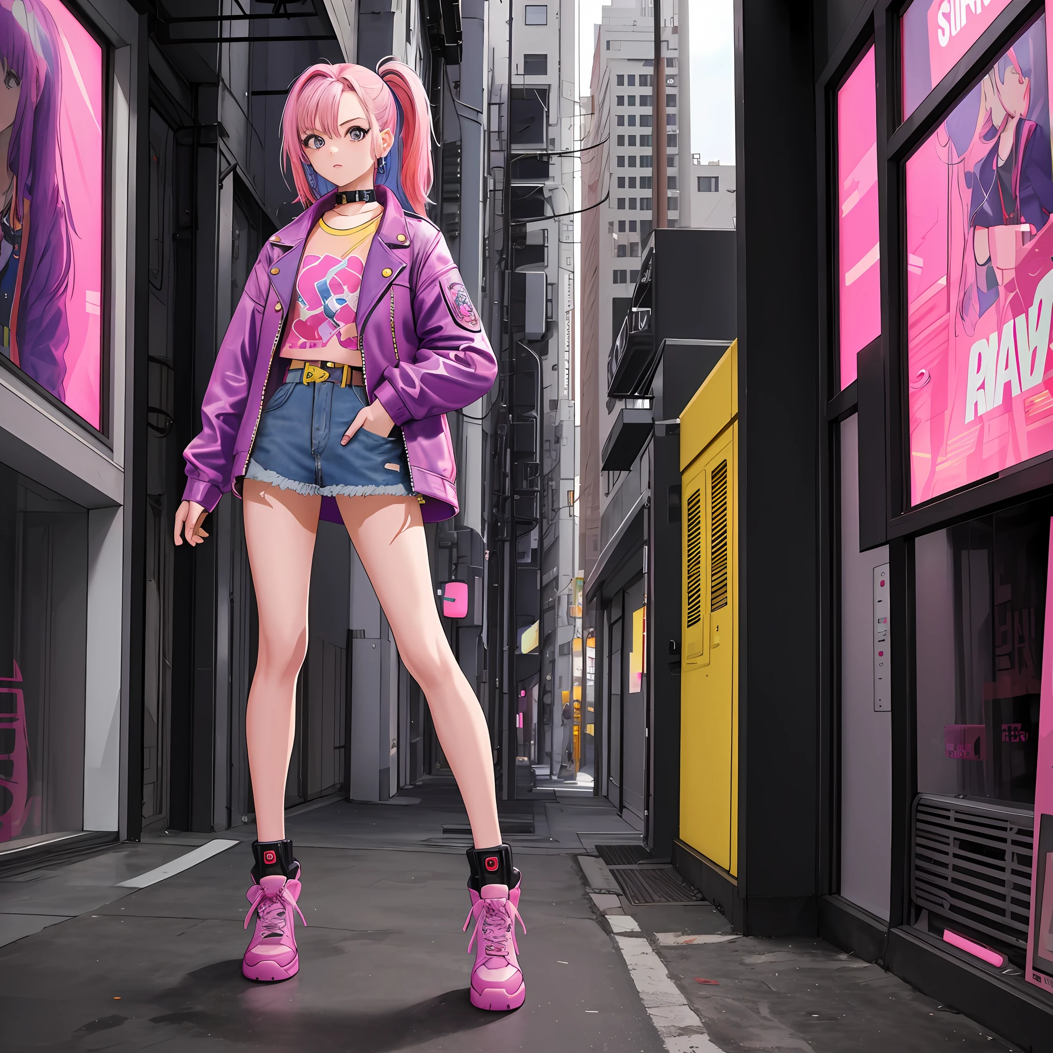 masterpiece, best quality, 1990s \(style\) girl with pink hair fulfilled, purple denim jacket, standing, solo, full body, mini skirt and yellow all star, full body, teenage girl with hair, cyberpunk city background, boy alone