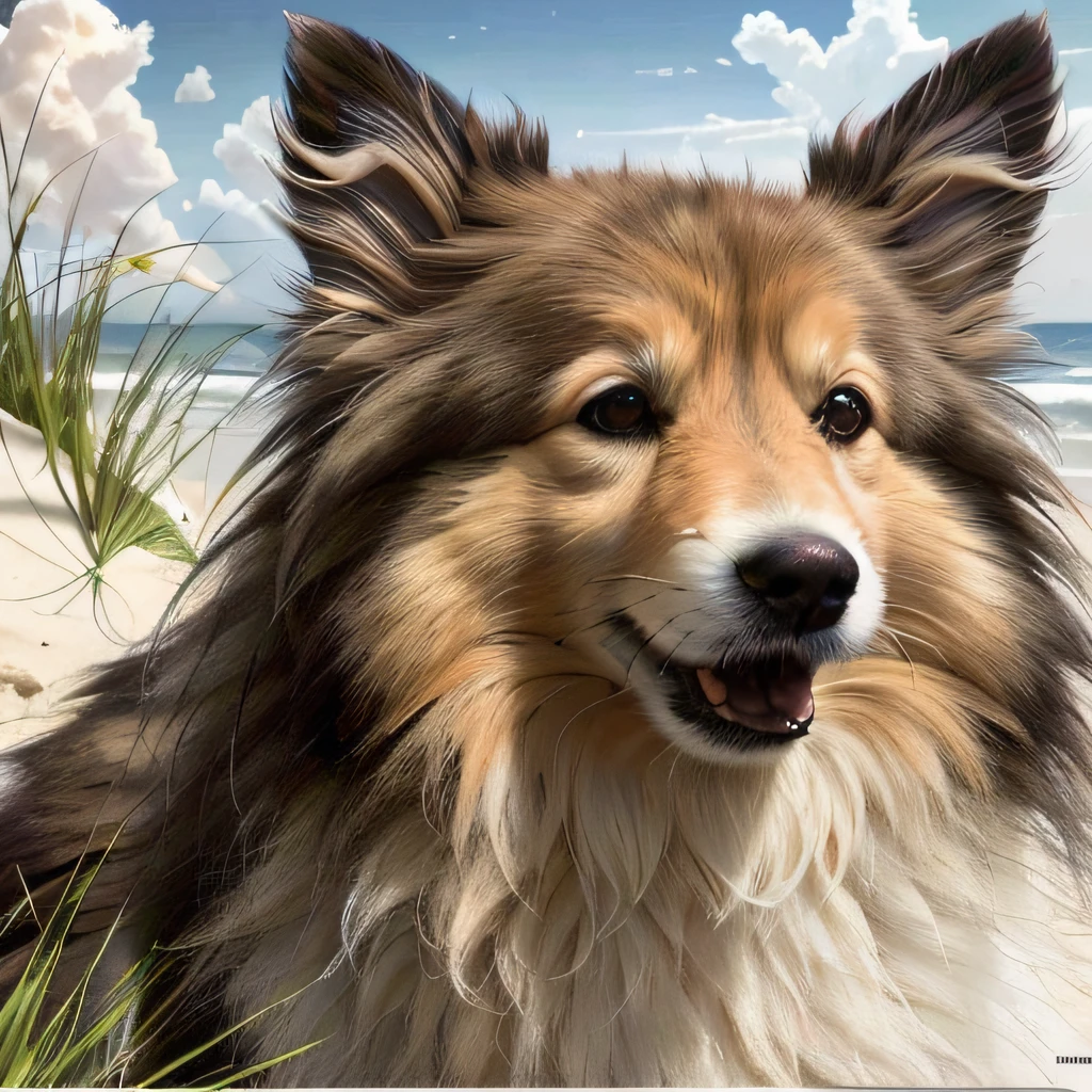 best quality, masterpiece, extremely delicate and beautiful, extremely detailed ,CG ,unity ,8k wallpaper, Amazing, finely detail, official art, incredibly absurdres, ultra-detailed, highres, wide_angle,
sheltievivi, dog,
((beach)),