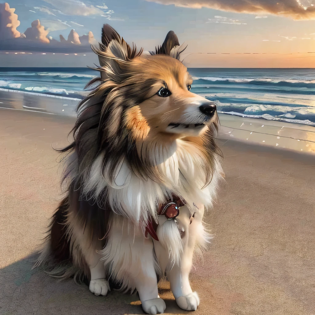 best quality, masterpiece, extremely delicate and beautiful, extremely detailed ,CG ,unity ,8k wallpaper, Amazing, finely detail, official art, incredibly absurdres, ultra-detailed, highres, wide_angle,
sheltievivi, dog,
((beach)),