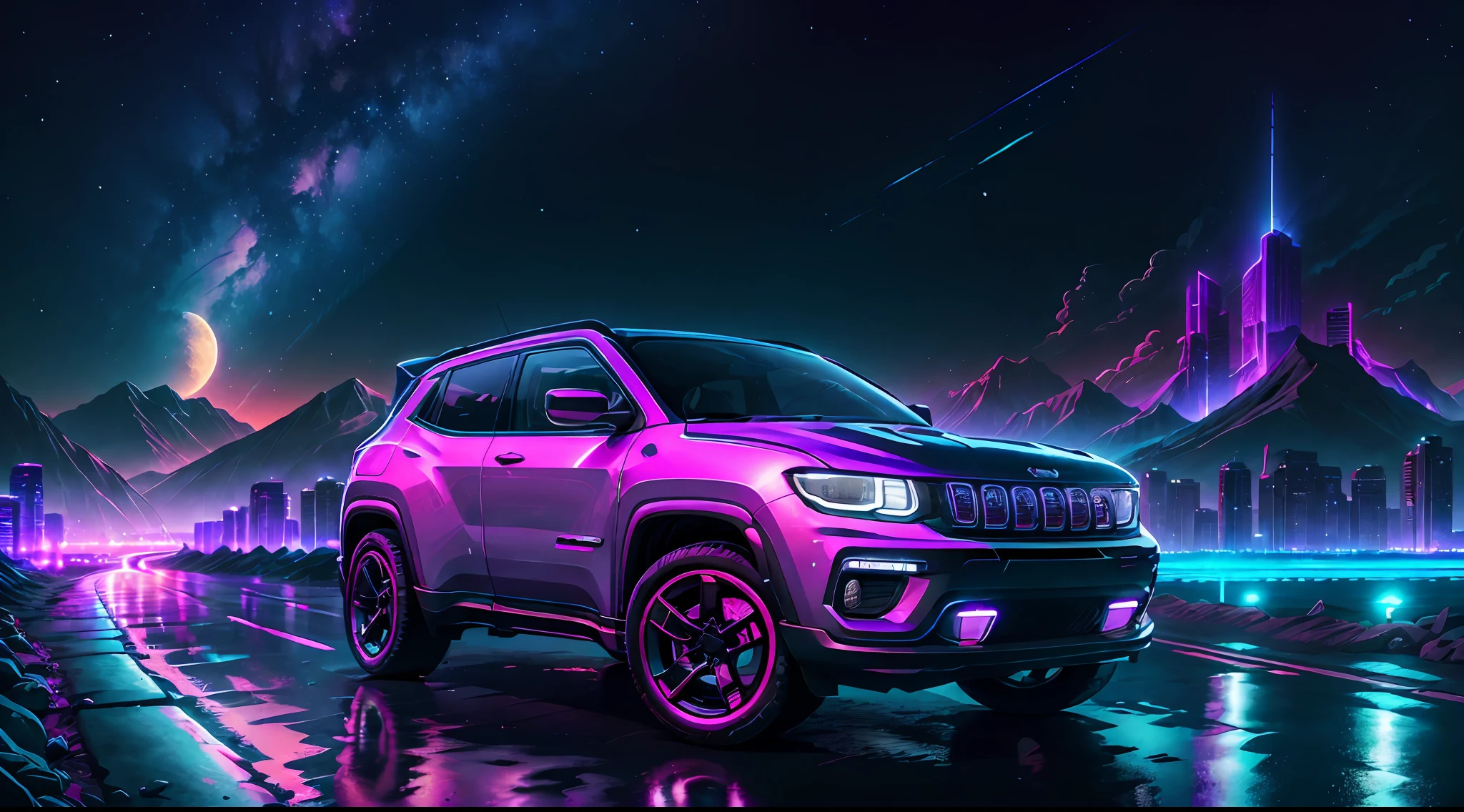 retrowave. city, 2022 jeep compass, wide body kit, road, purple neon lights, sun, mountain,
(masterpiece, detailed, highres),