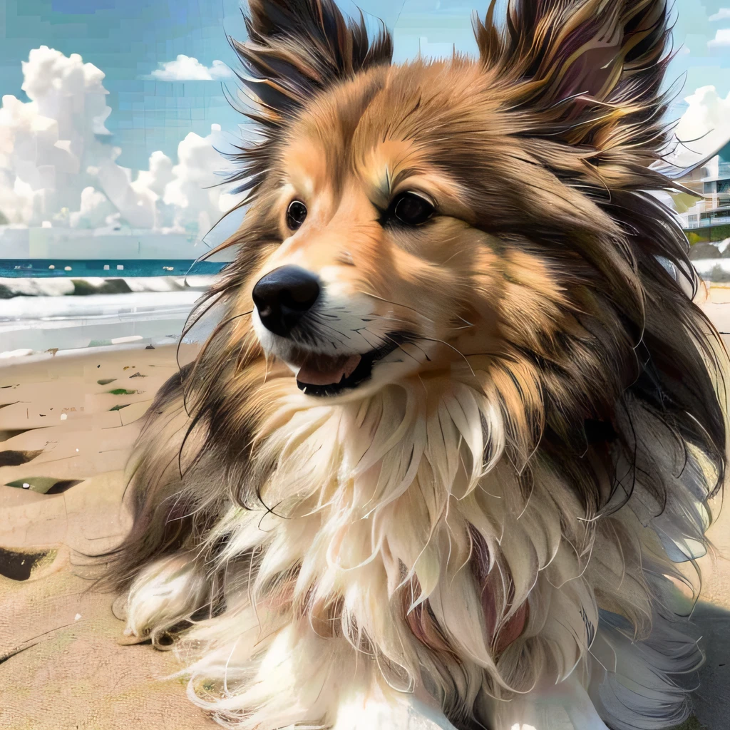 best quality, masterpiece, extremely delicate and beautiful, extremely detailed ,CG ,unity ,8k wallpaper, Amazing, finely detail, official art, incredibly absurdres, ultra-detailed, highres, wide_angle,
sheltievivi, dog,
((beach)),