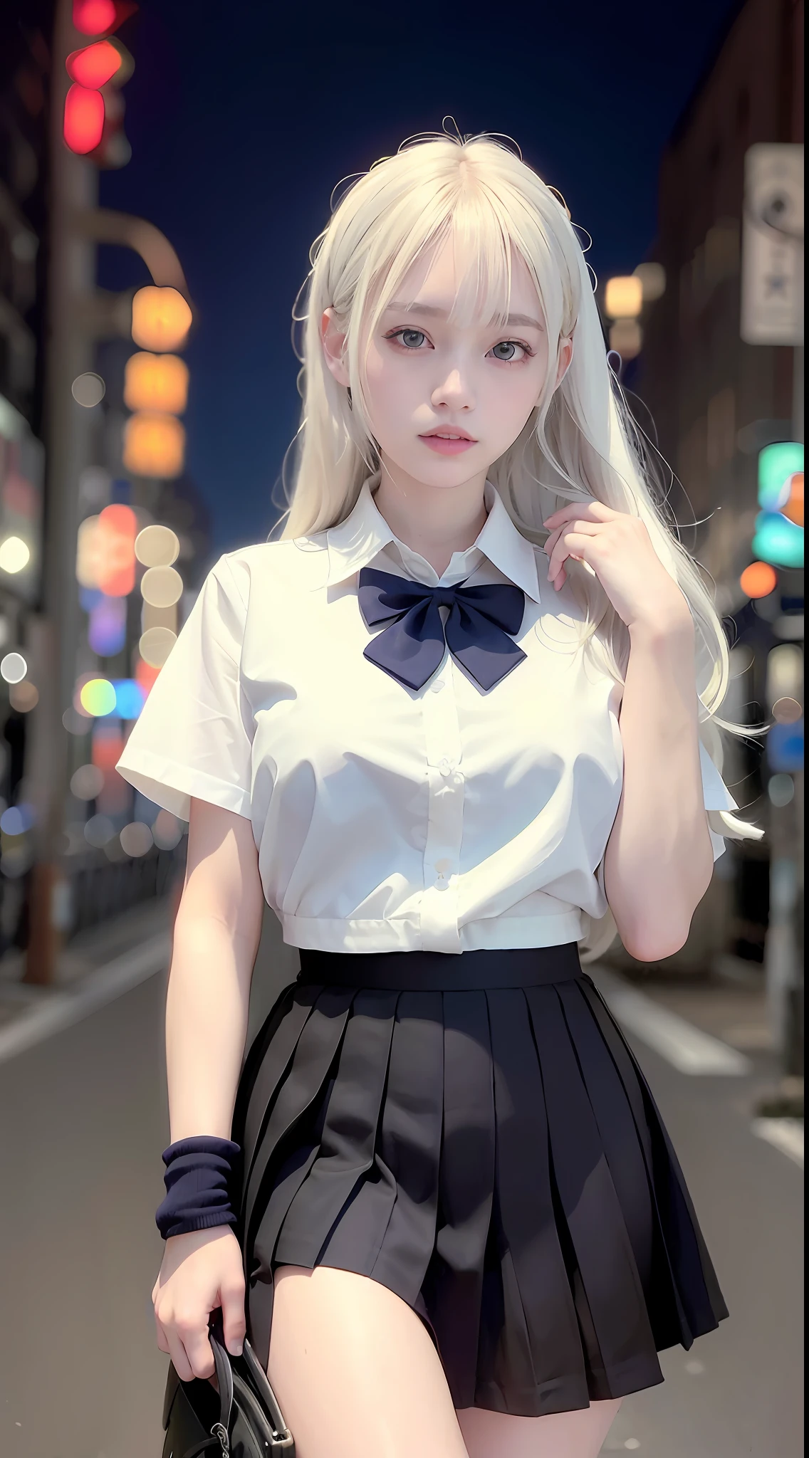 (8k, RAW photo, best quality, mastery:1.3),(realistic,photo-realistic:1.37),(night),(looking viewer:1.331),(white hair),posing,Tokyo street,nightcityscape,cyberpunk city,soft light, 1girl, extremely beautiful face, bust, hands down, casual hairstyle, smile, big eyes, lower abdomen, (white short sleeves, JK_shirt), JK_style, (navy JK_skirt), (bow JK_tie), mix4, big breasts, full body photo, black small leather shoes