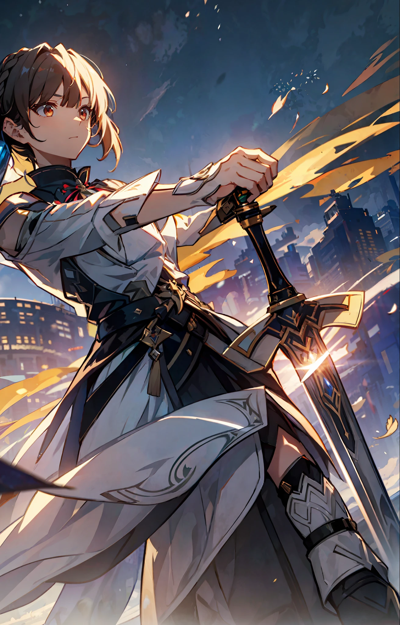 SushangV4, holding a Sword like King Arthur, Excalibur, giant Sword, pigtail, hair ornament, high quality fanart, bare shoulders, Chinese clothes, long barrel boots, disheveled hair, powerful, smart, superiority.