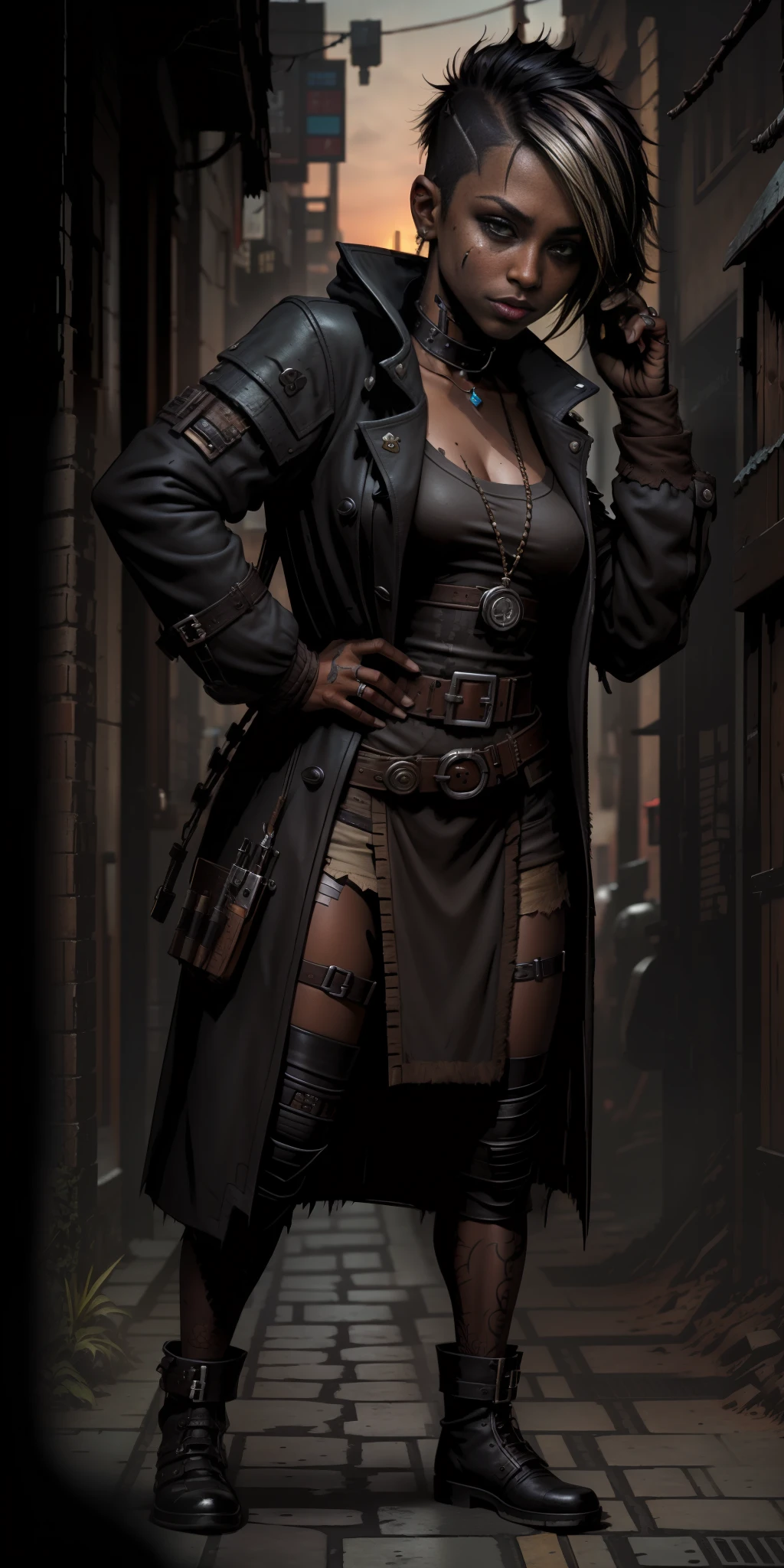 "Complete artwork masterpiece, high quality, ultra detailed in 4k, 8k, high resolution, hyper-realistic photo, hyper-detailed, realistic skin texture, amazing shadows, highly detailed background, extremely detailed texture, perfect lighting, high-level image quality. ((A female street samurai from a cyberpunk Future, Black jacket, inspired by shadowrun, fair skin, full body pic, long black hair, brown eyes, defined face, small breasts)), choker, use woman from reference picture as role model, city at night