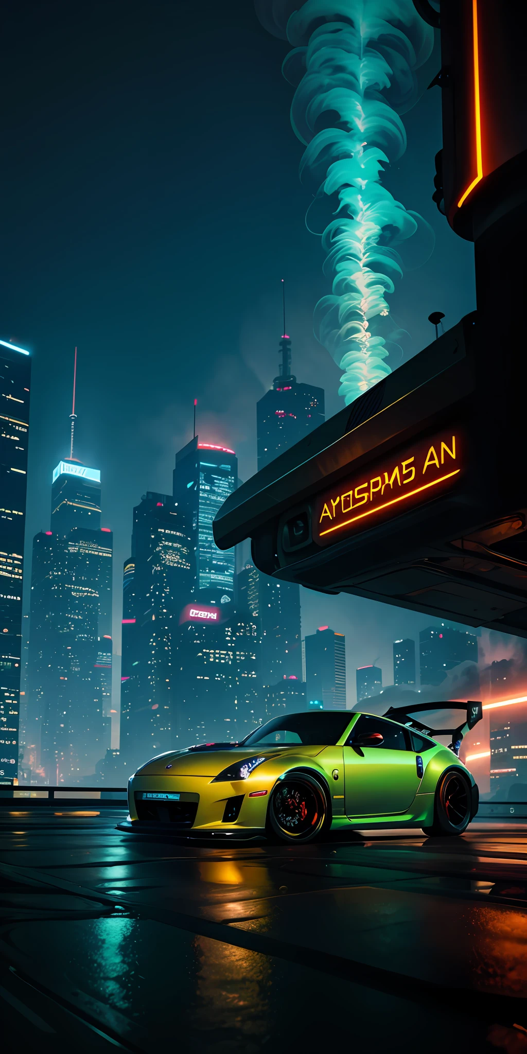 cyberpunk hypercars, soft colors, swirling color smoke, legend, cityscape, space, nissan 350z