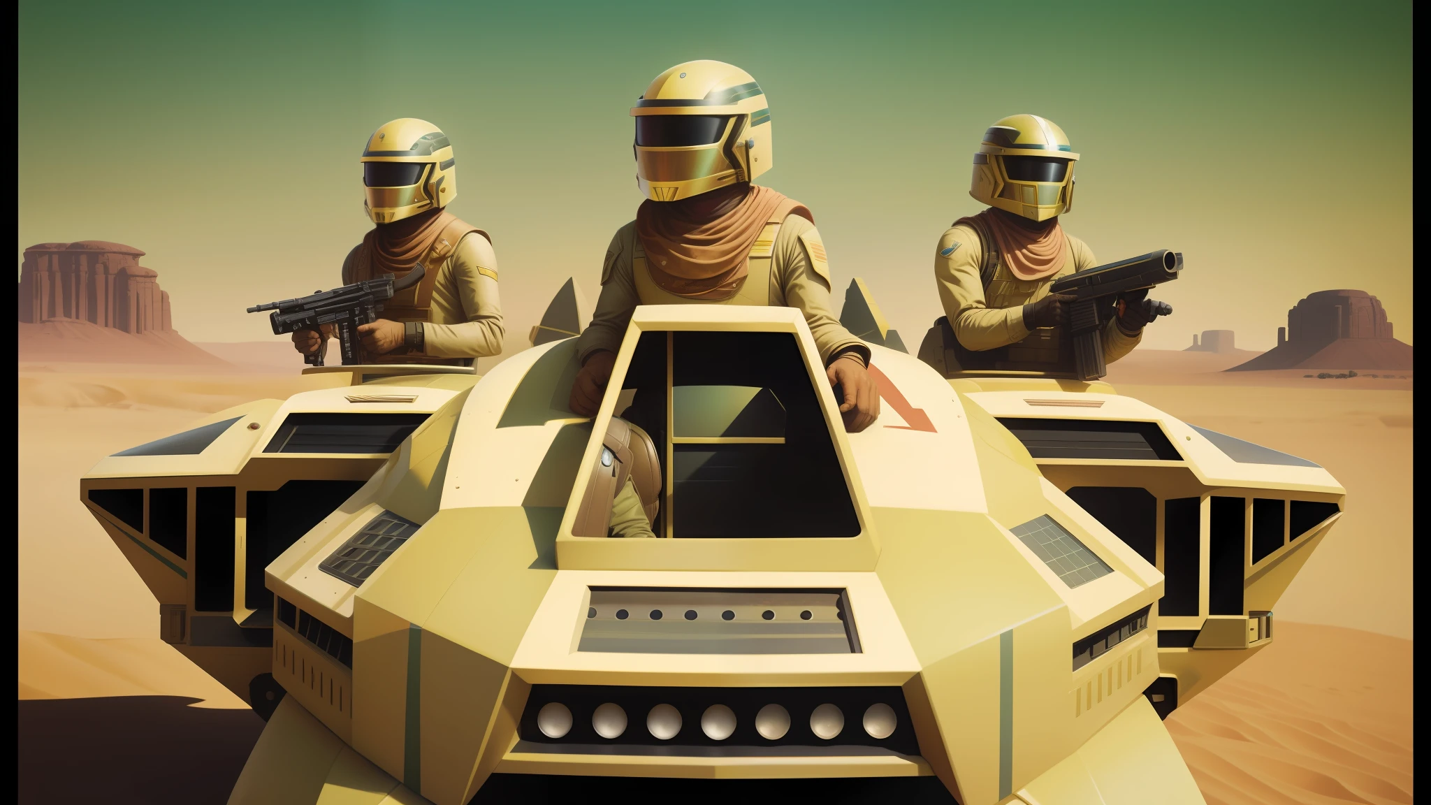 there are three people in helmets riding on a vehicle in the desert, kilian eng and jake parker, trending on artstarion, battlestar galactica, 1 9 8 0's heavy metal album art, by Julian Allen, speeder, karel thole, inspired by Mustafa Rakim, green slime, rosen zulu
